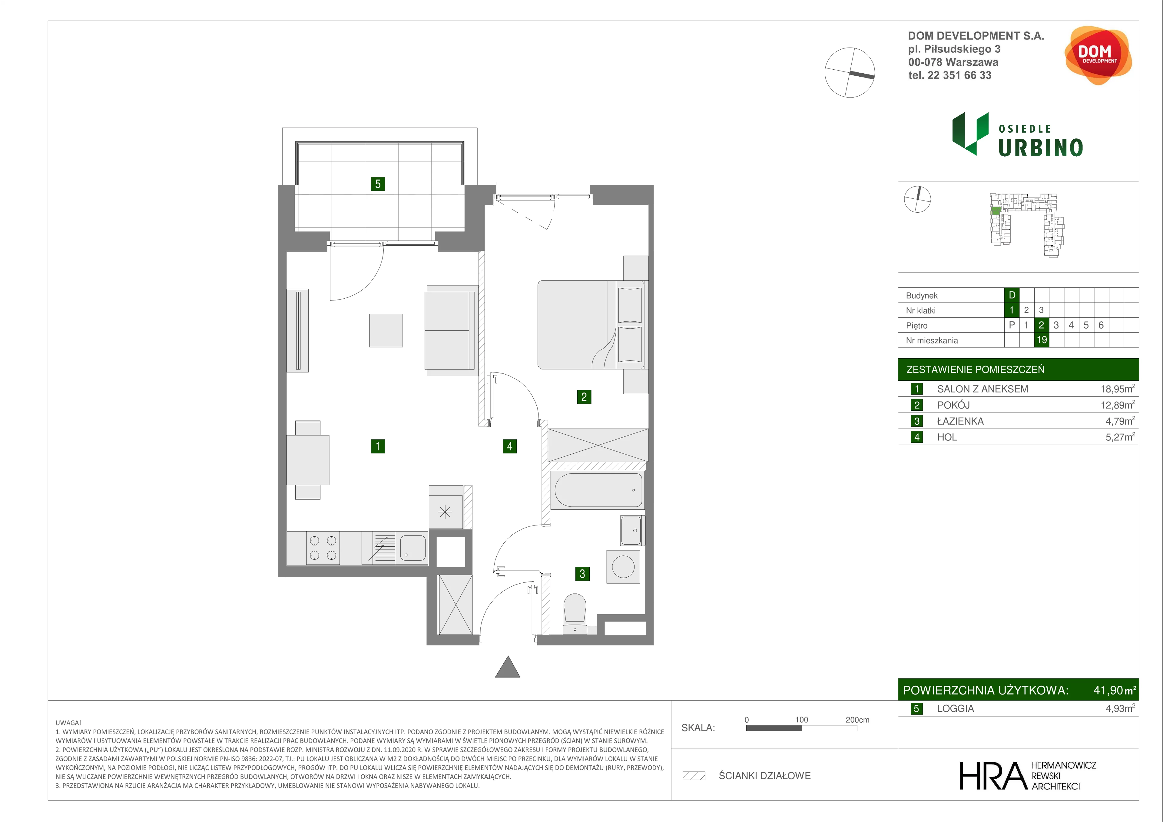 2 pokoje, mieszkanie 41,90 m², piętro 2, oferta nr D/19, Osiedle Urbino 1.4, Warszawa, Włochy, Raków, ul. Równoległa