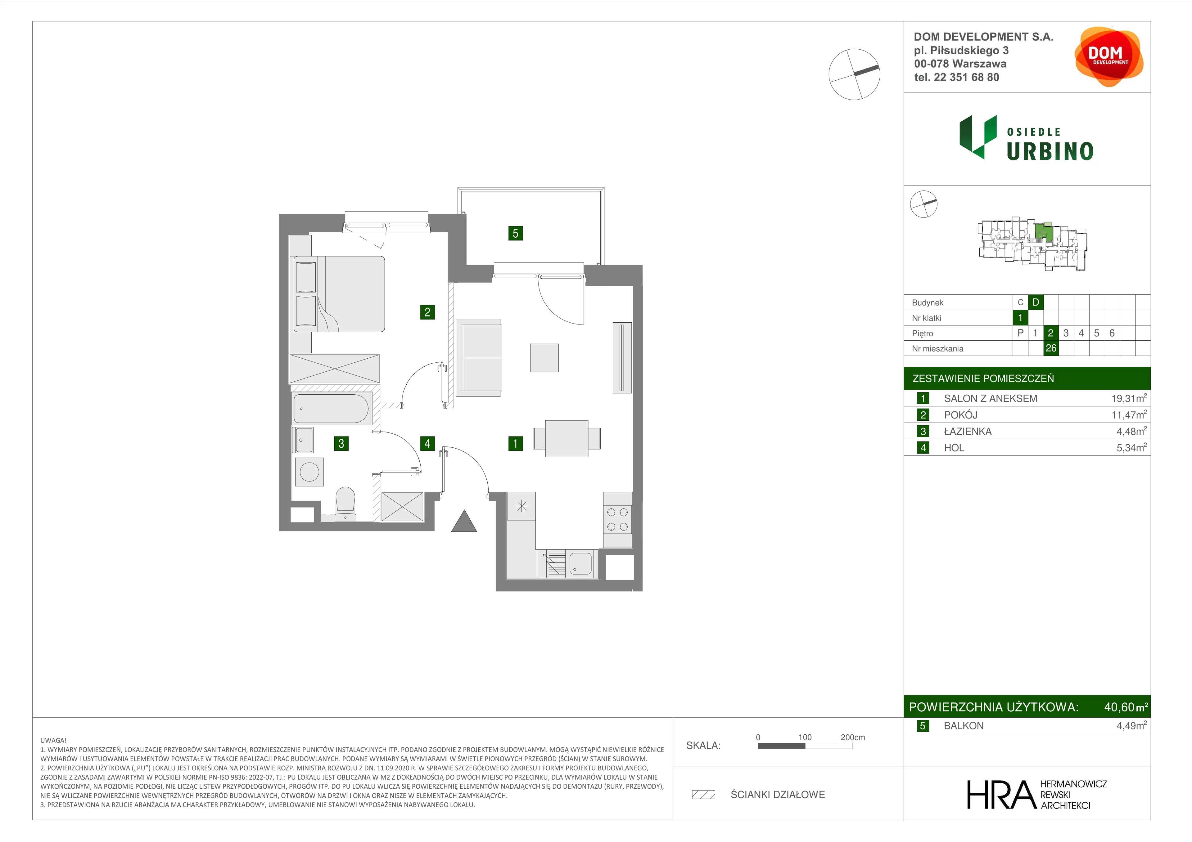 2 pokoje, mieszkanie 40,60 m², piętro 2, oferta nr D/26, Osiedle Urbino, Warszawa, Włochy, Raków, ul. Równoległa