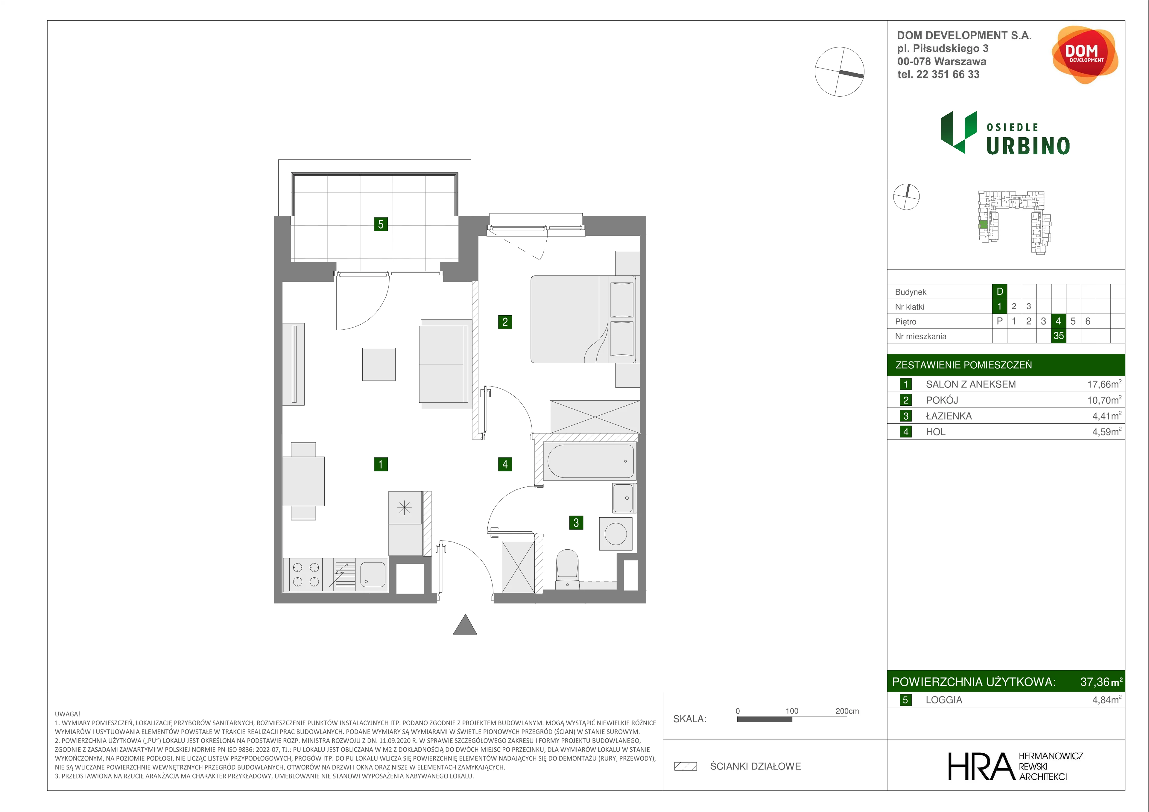 2 pokoje, mieszkanie 37,36 m², piętro 4, oferta nr D/35, Osiedle Urbino 1.4, Warszawa, Włochy, Raków, ul. Równoległa