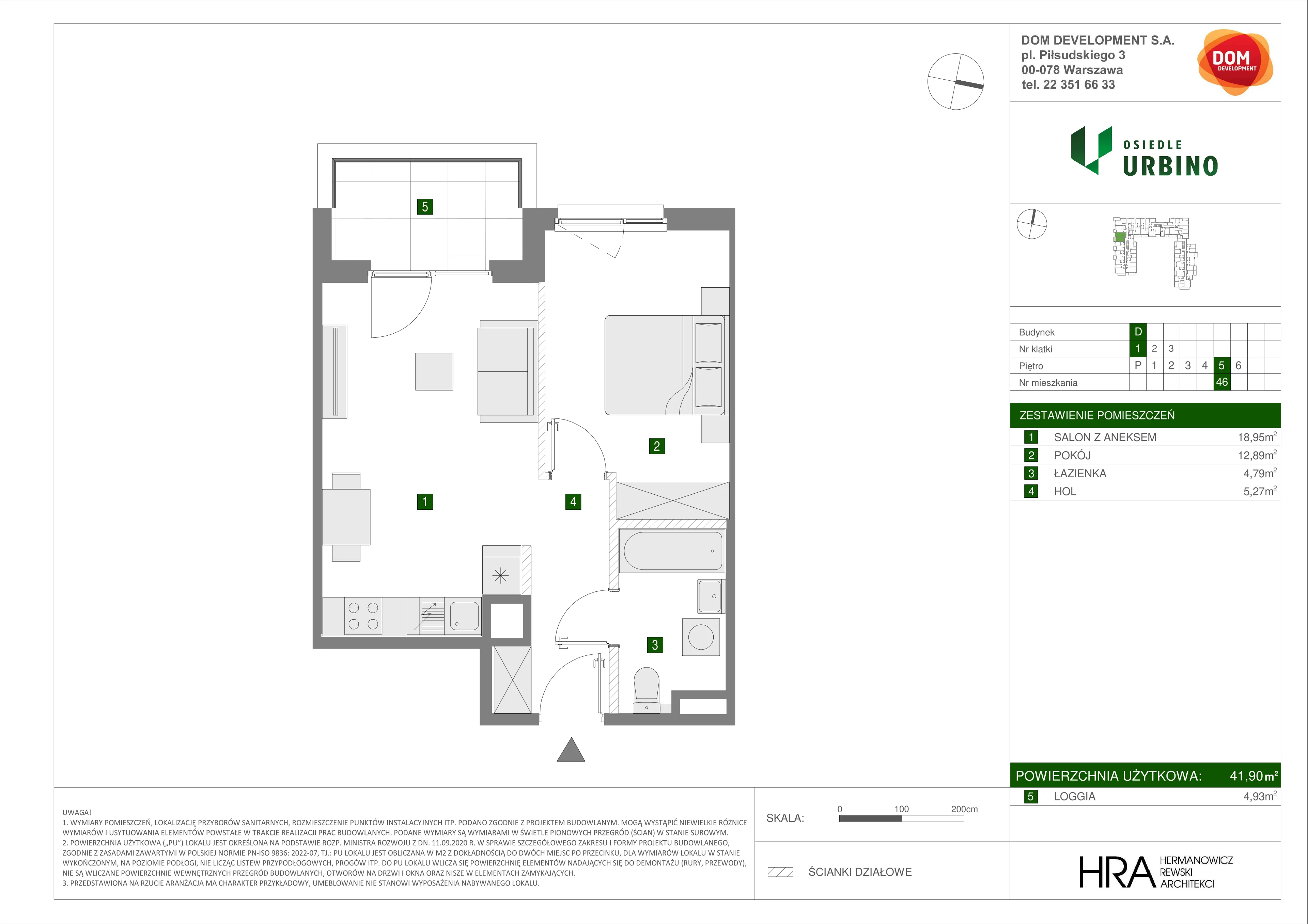 2 pokoje, mieszkanie 41,90 m², piętro 5, oferta nr D/46, Osiedle Urbino 1.4, Warszawa, Włochy, Raków, ul. Równoległa