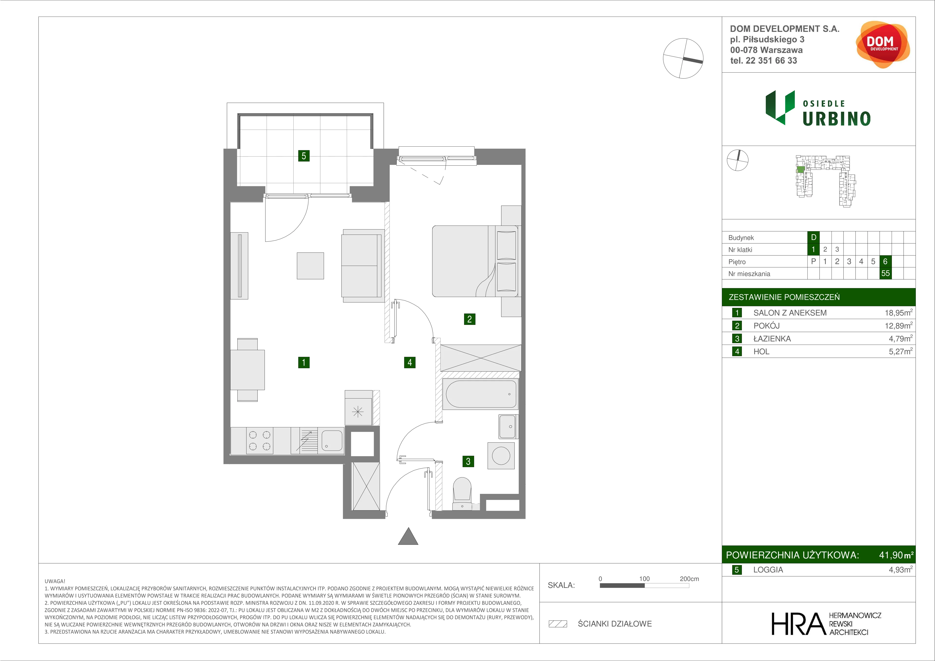 2 pokoje, mieszkanie 41,90 m², piętro 6, oferta nr D/55, Osiedle Urbino 1.4, Warszawa, Włochy, Raków, ul. Równoległa