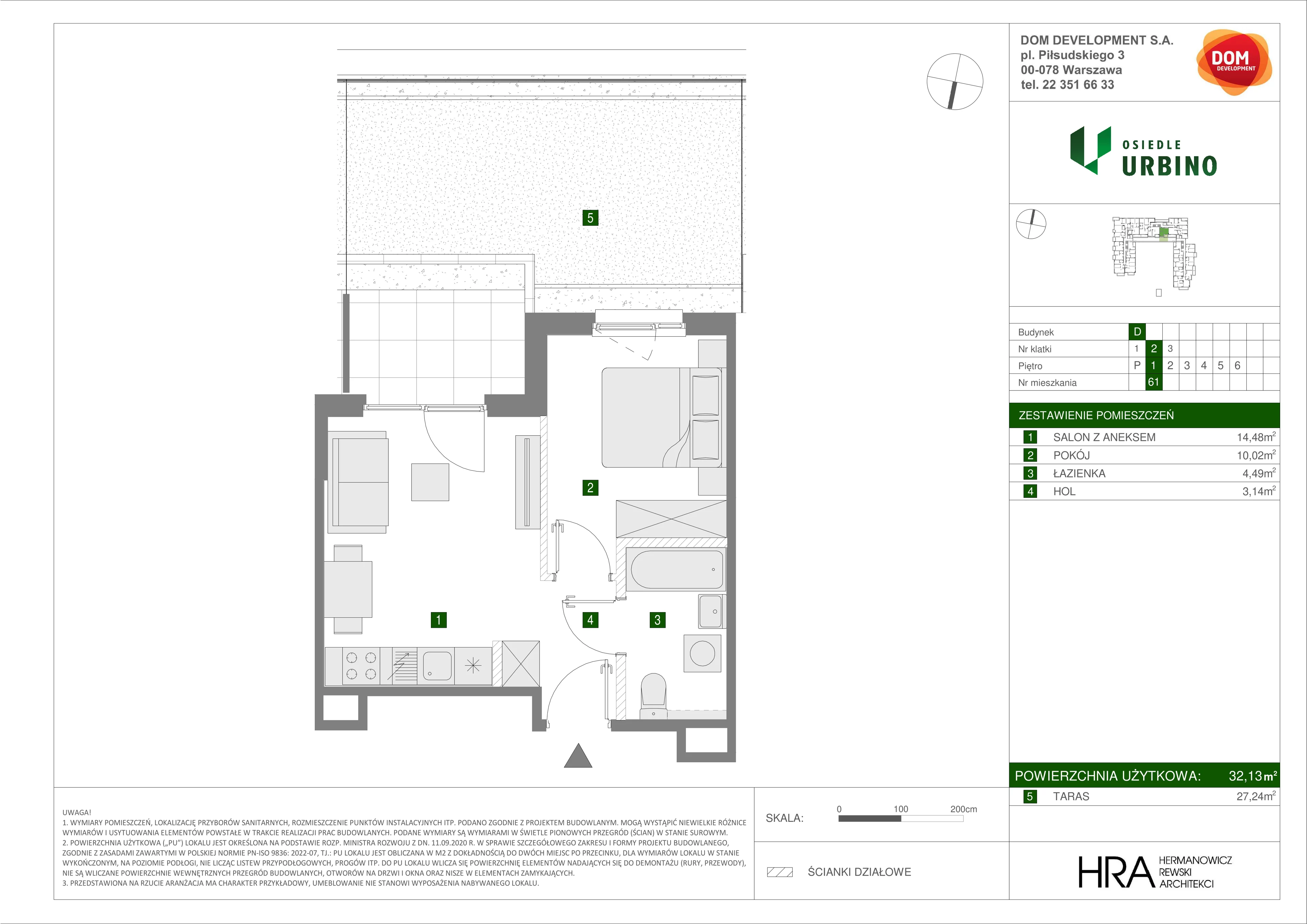 2 pokoje, mieszkanie 32,13 m², piętro 1, oferta nr D/61, Osiedle Urbino 1.4, Warszawa, Włochy, Raków, ul. Równoległa