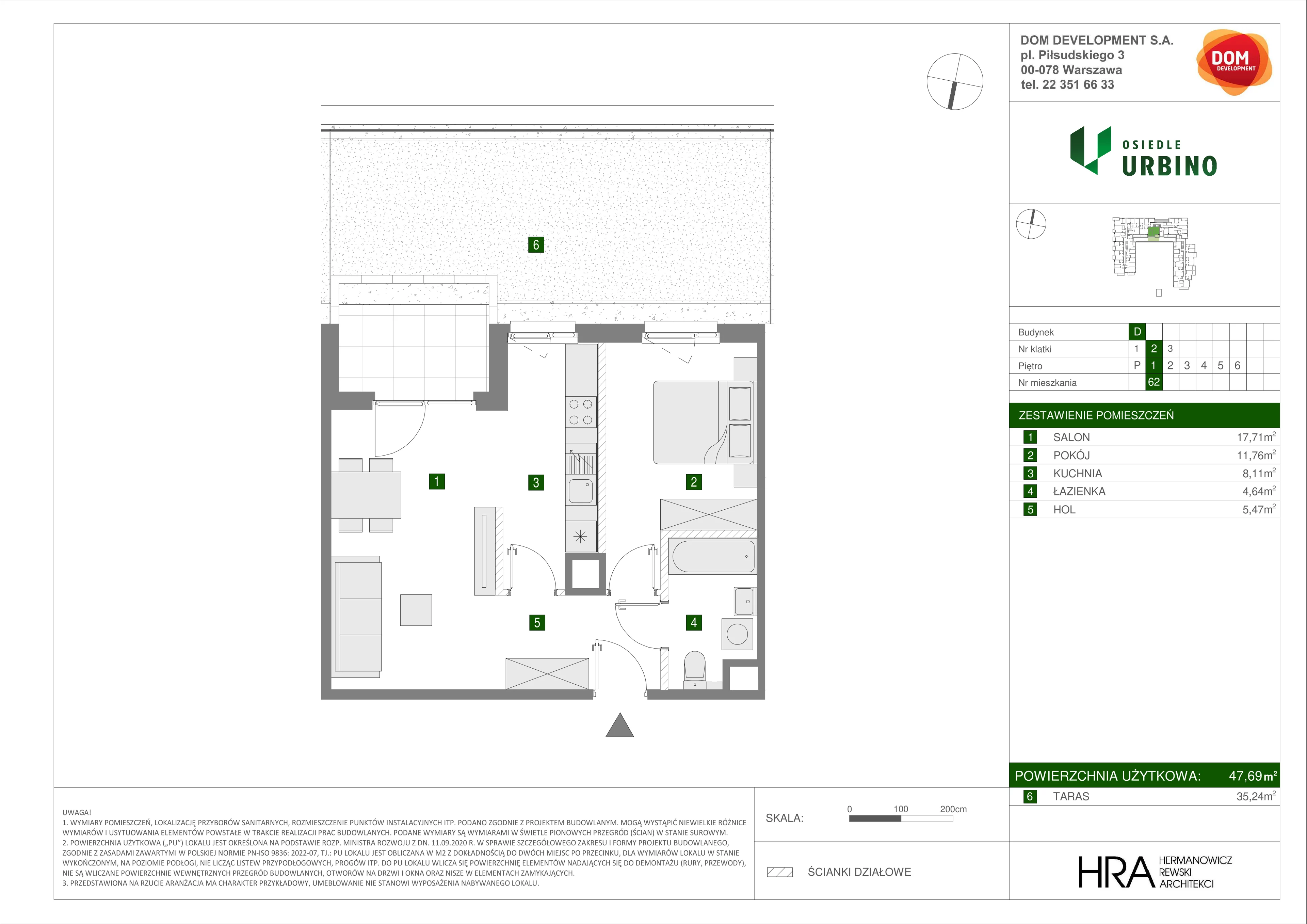 2 pokoje, mieszkanie 47,69 m², piętro 1, oferta nr D/62, Osiedle Urbino 1.4, Warszawa, Włochy, Raków, ul. Równoległa