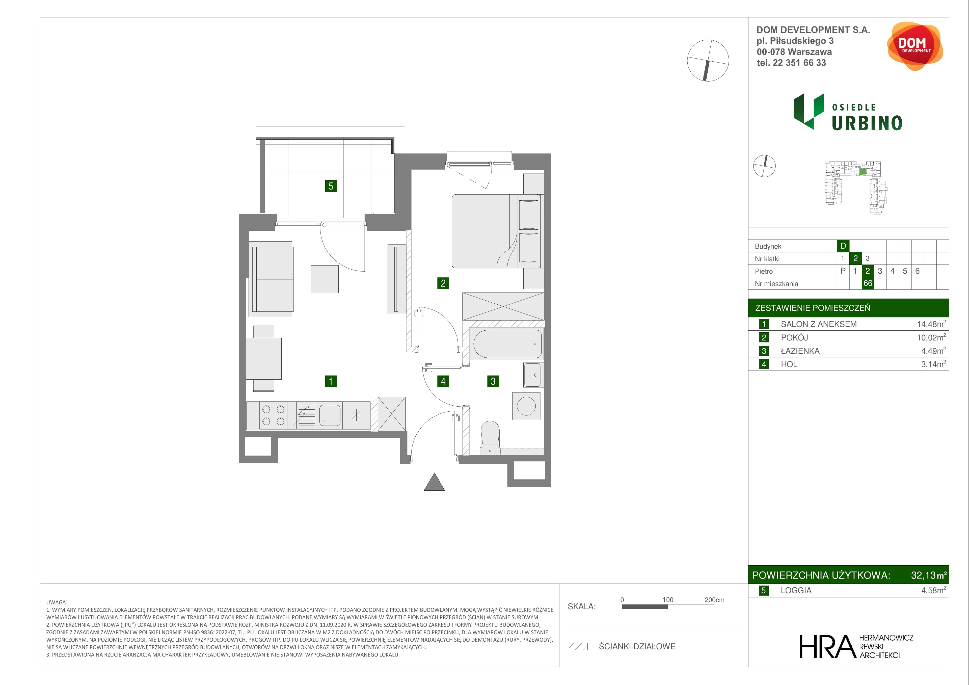 2 pokoje, mieszkanie 32,13 m², piętro 2, oferta nr D/66, Osiedle Urbino 1.4, Warszawa, Włochy, Raków, ul. Równoległa