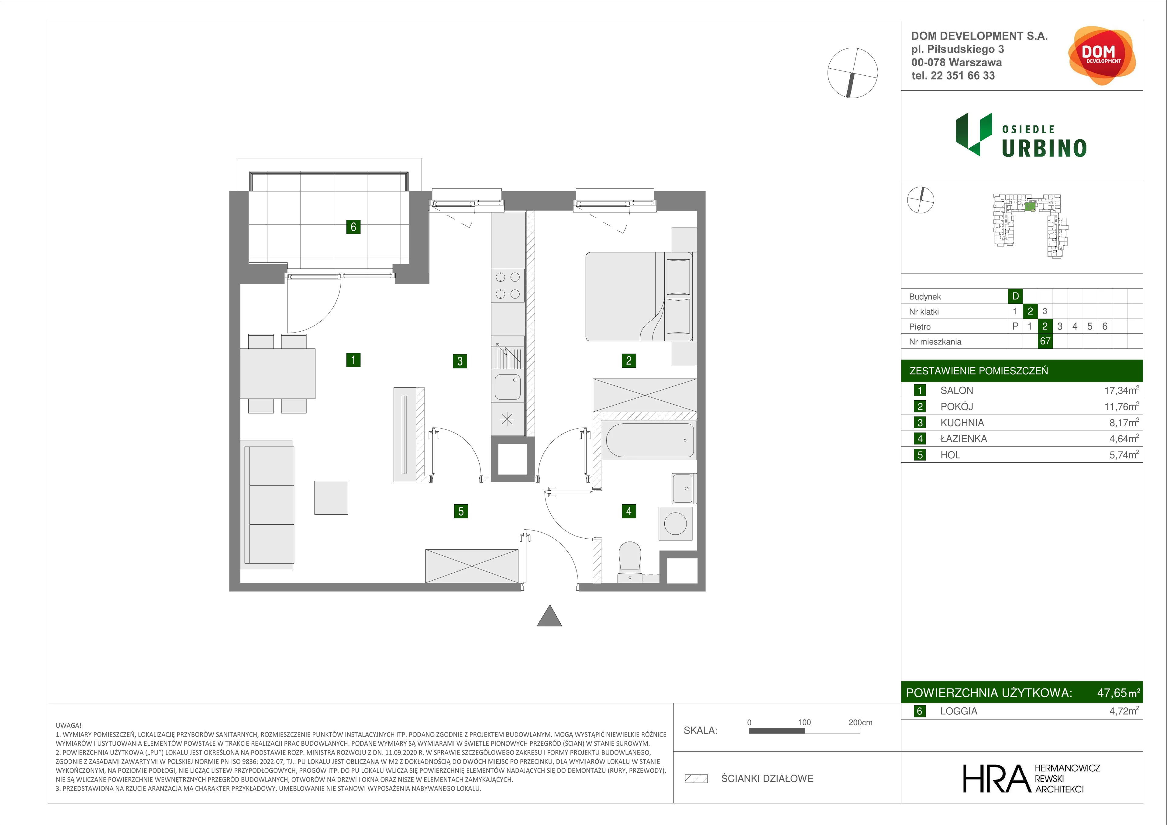 2 pokoje, mieszkanie 47,65 m², piętro 2, oferta nr D/67, Osiedle Urbino 1.4, Warszawa, Włochy, Raków, ul. Równoległa