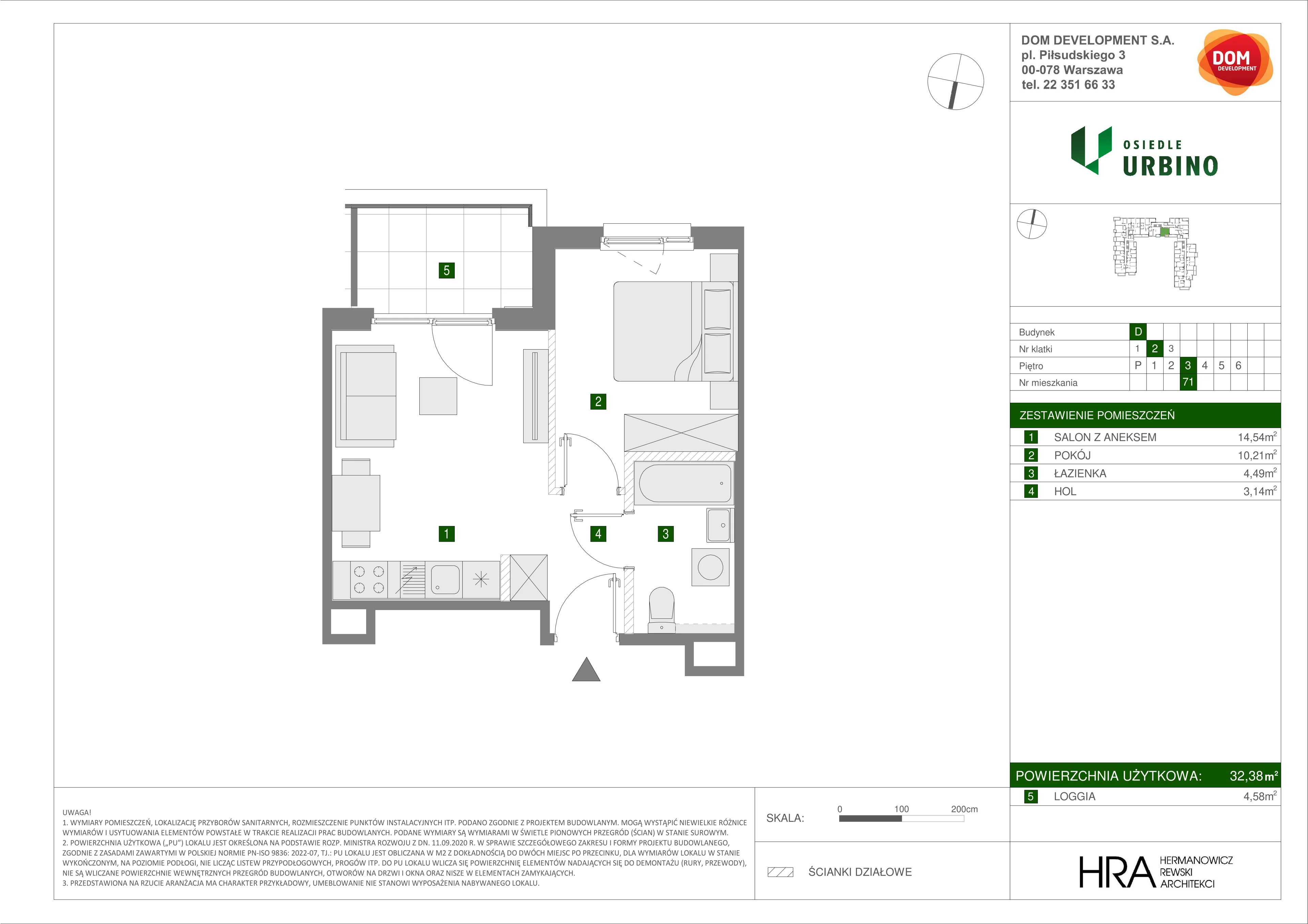 2 pokoje, mieszkanie 32,38 m², piętro 3, oferta nr D/71, Osiedle Urbino 1.4, Warszawa, Włochy, Raków, ul. Równoległa