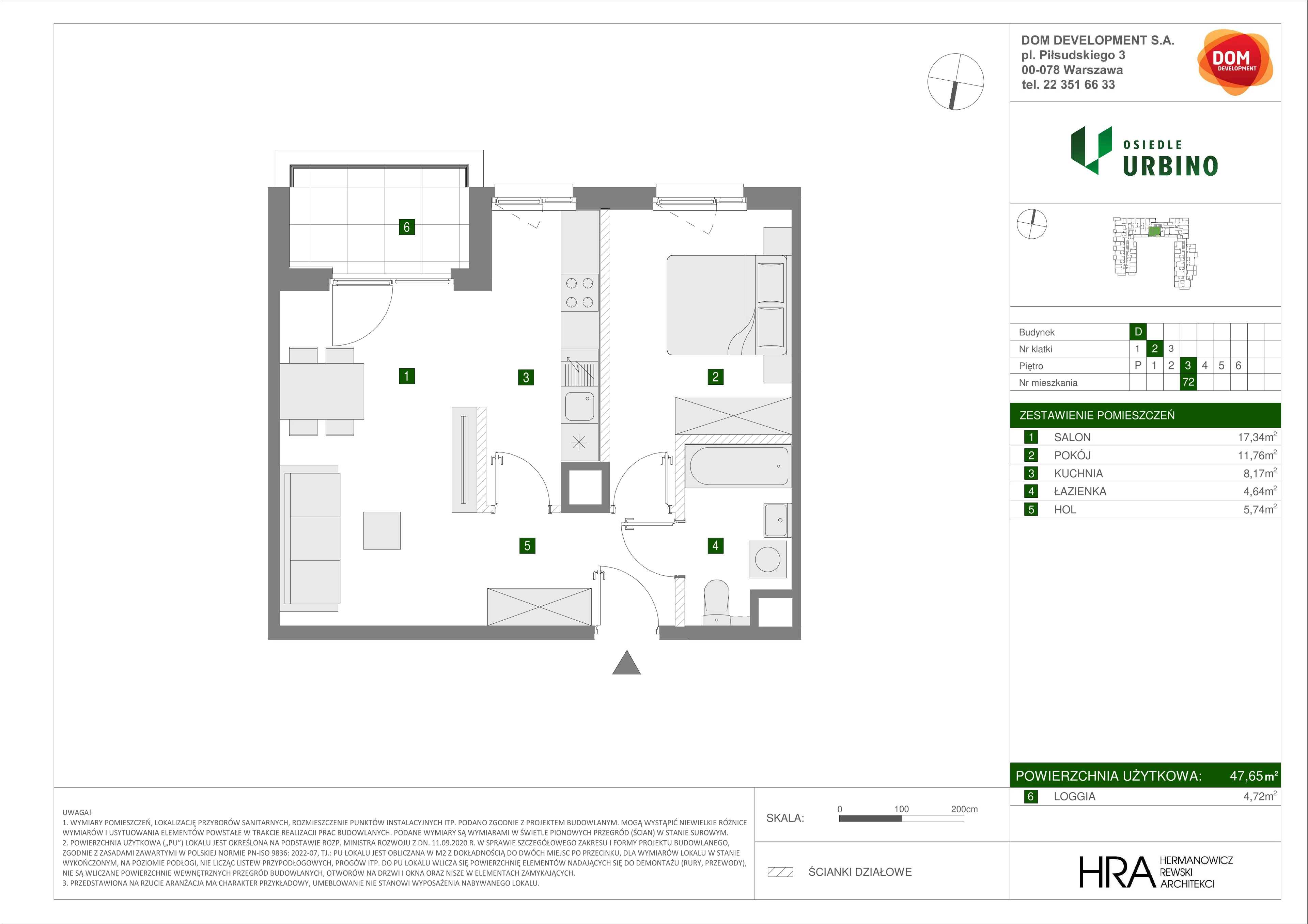 2 pokoje, mieszkanie 47,65 m², piętro 3, oferta nr D/72, Osiedle Urbino 1.4, Warszawa, Włochy, Raków, ul. Równoległa