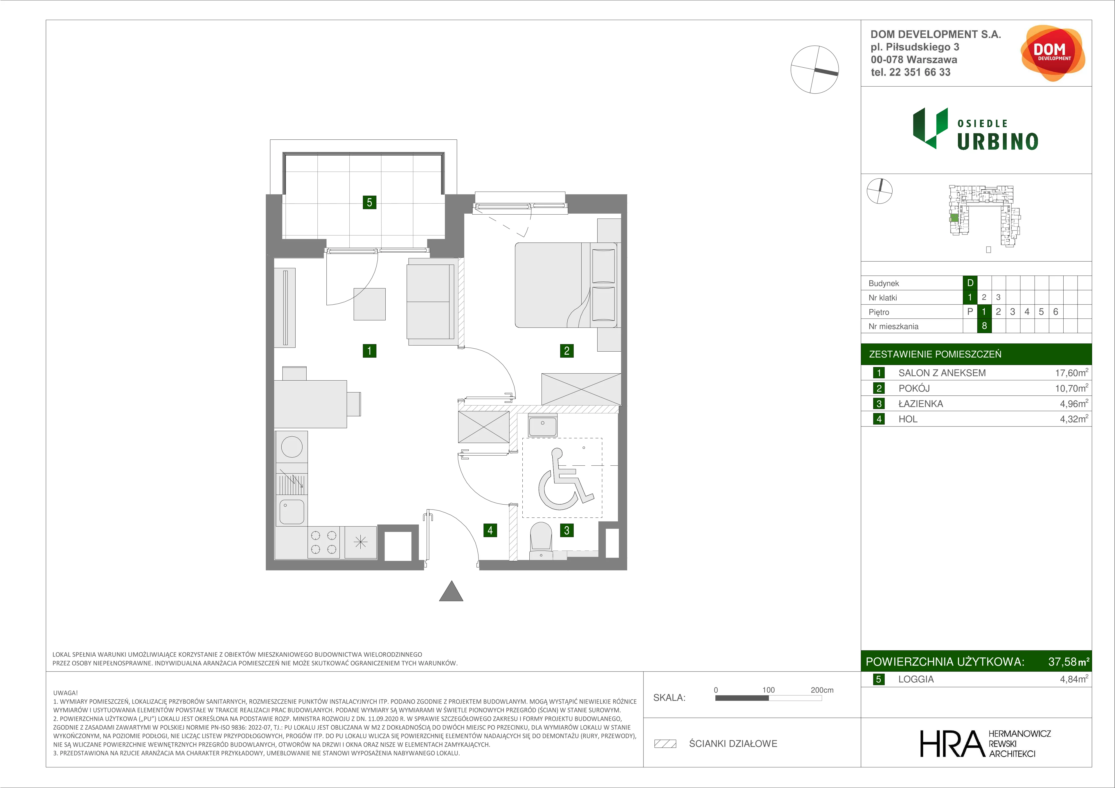 2 pokoje, mieszkanie 37,58 m², piętro 1, oferta nr D/8, Osiedle Urbino 1.4, Warszawa, Włochy, Raków, ul. Równoległa