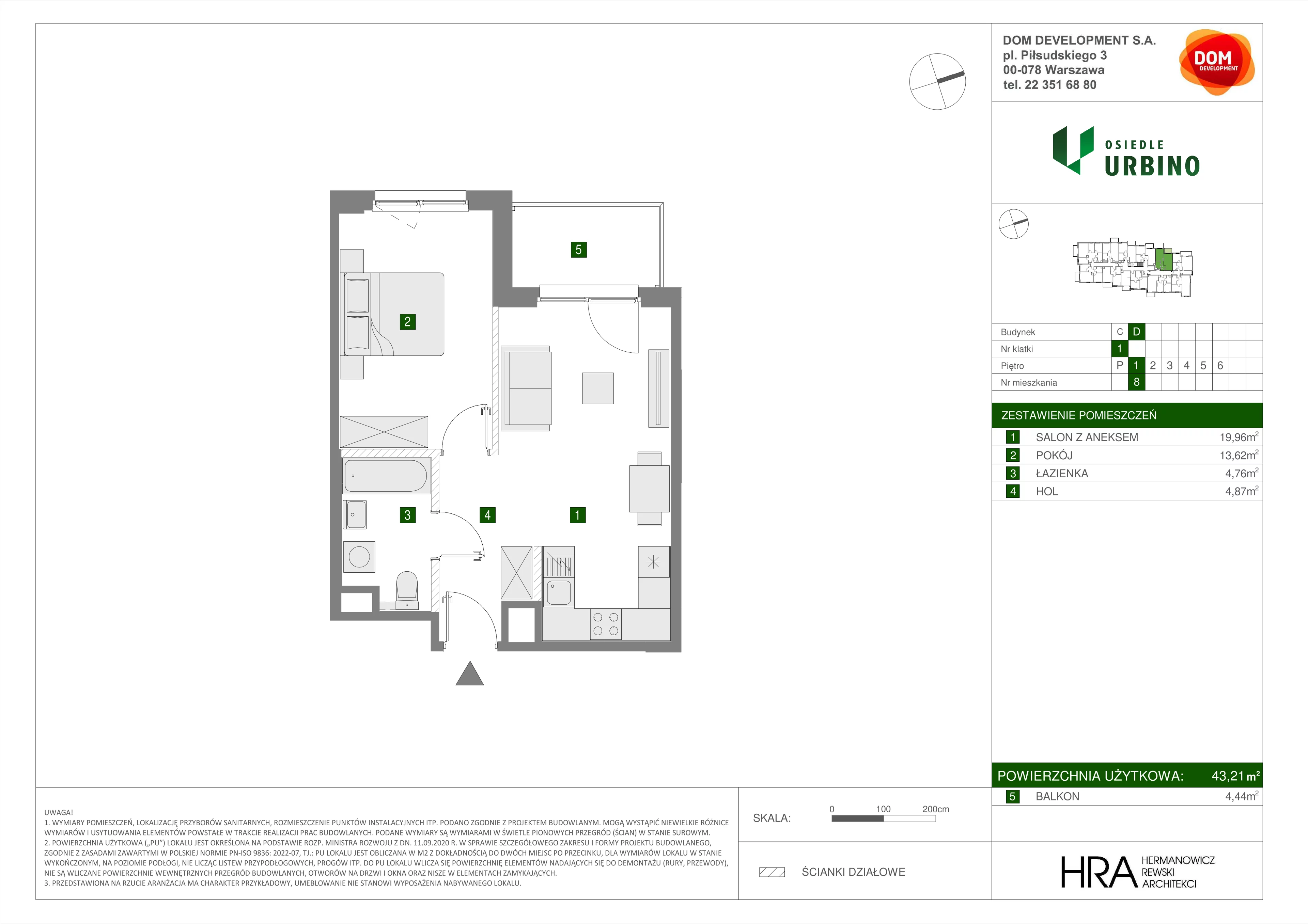 Mieszkanie 43,21 m², piętro 1, oferta nr D/8, Osiedle Urbino, Warszawa, Włochy, Raków, ul. Równoległa