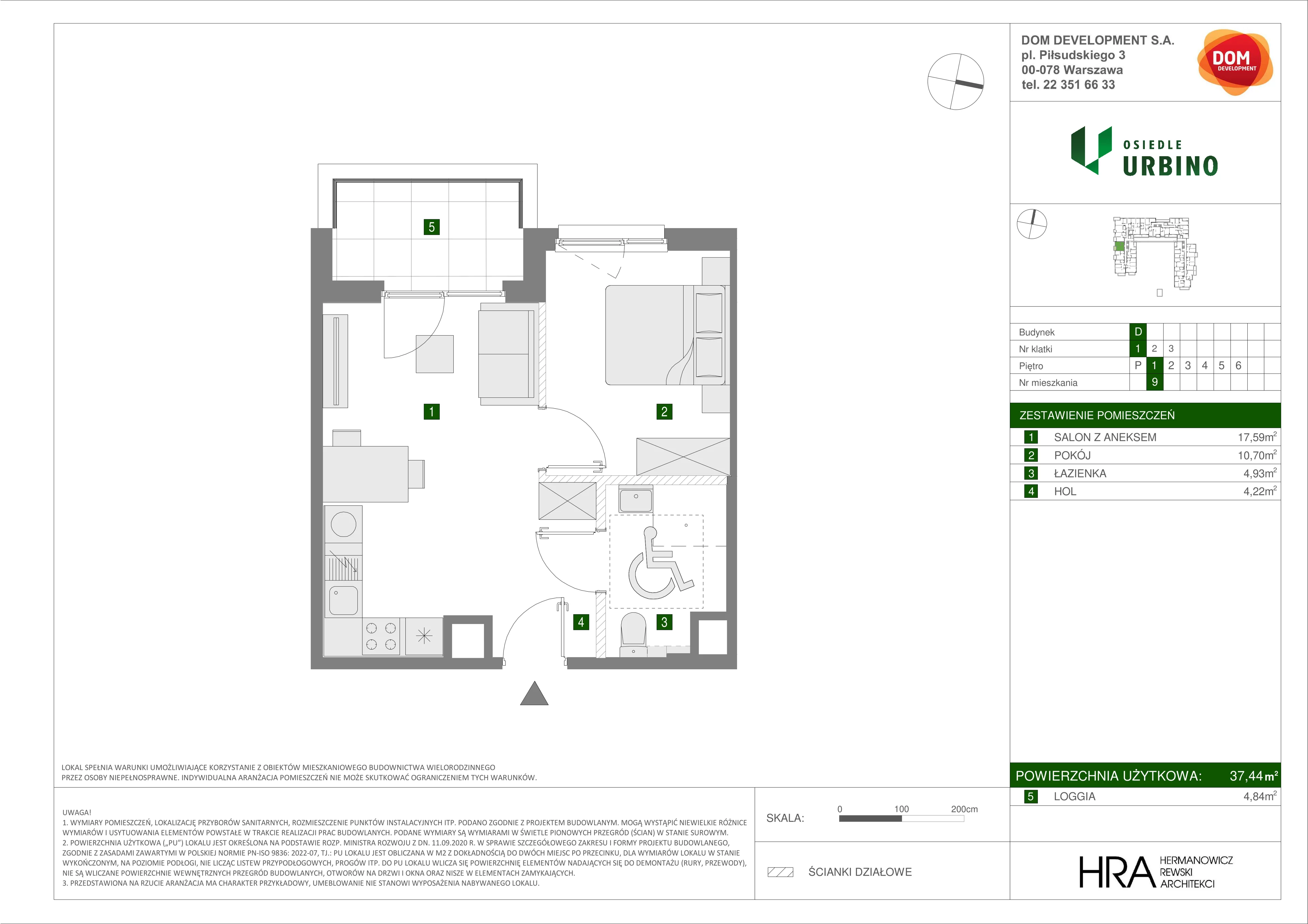 2 pokoje, mieszkanie 37,44 m², piętro 1, oferta nr D/9, Osiedle Urbino 1.4, Warszawa, Włochy, Raków, ul. Równoległa