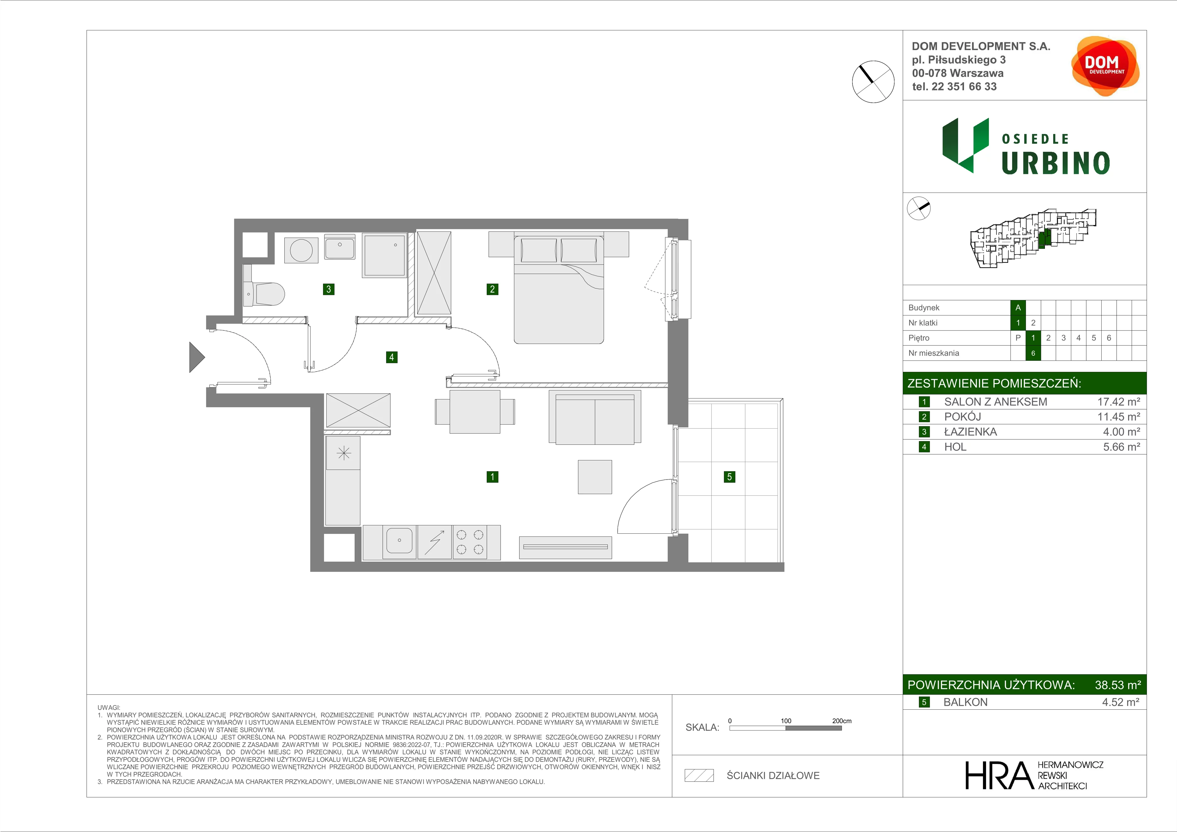 2 pokoje, mieszkanie 38,53 m², piętro 1, oferta nr A/6, Osiedle Urbino, Warszawa, Włochy, Raków, ul. Równoległa