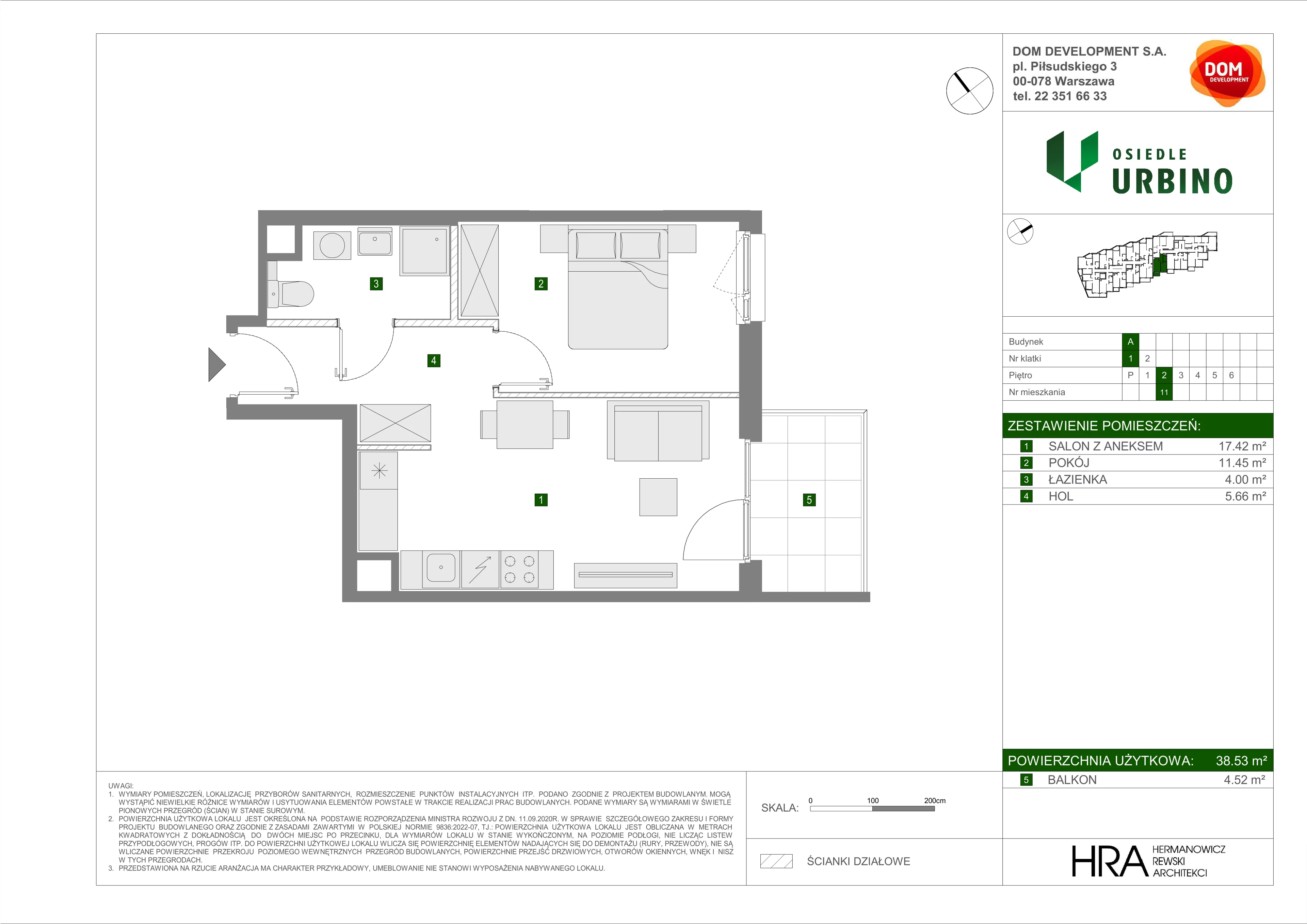 2 pokoje, mieszkanie 38,53 m², piętro 2, oferta nr A/11, Osiedle Urbino, Warszawa, Włochy, Raków, ul. Równoległa