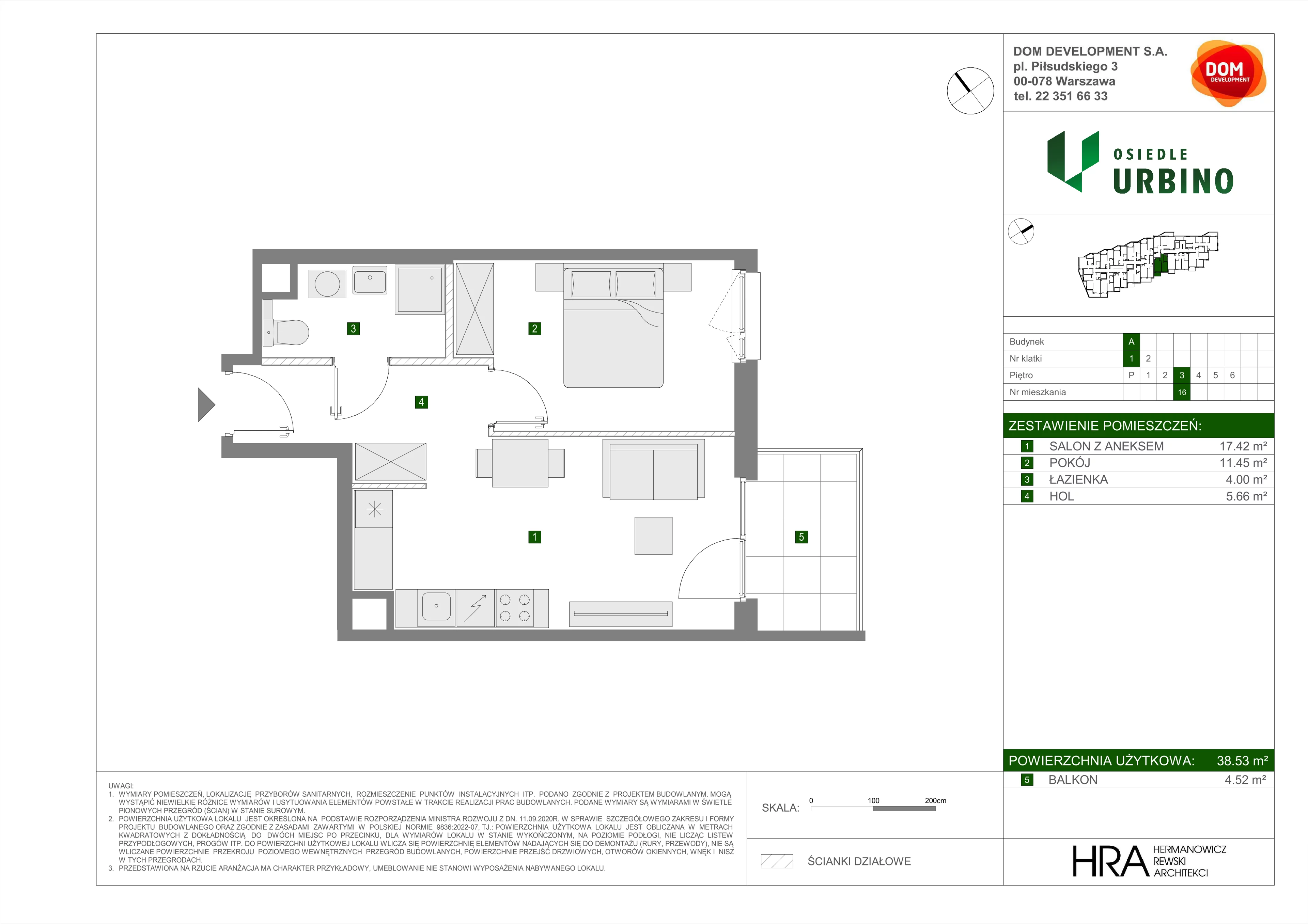 2 pokoje, mieszkanie 38,53 m², piętro 3, oferta nr A/16, Osiedle Urbino, Warszawa, Włochy, Raków, ul. Równoległa