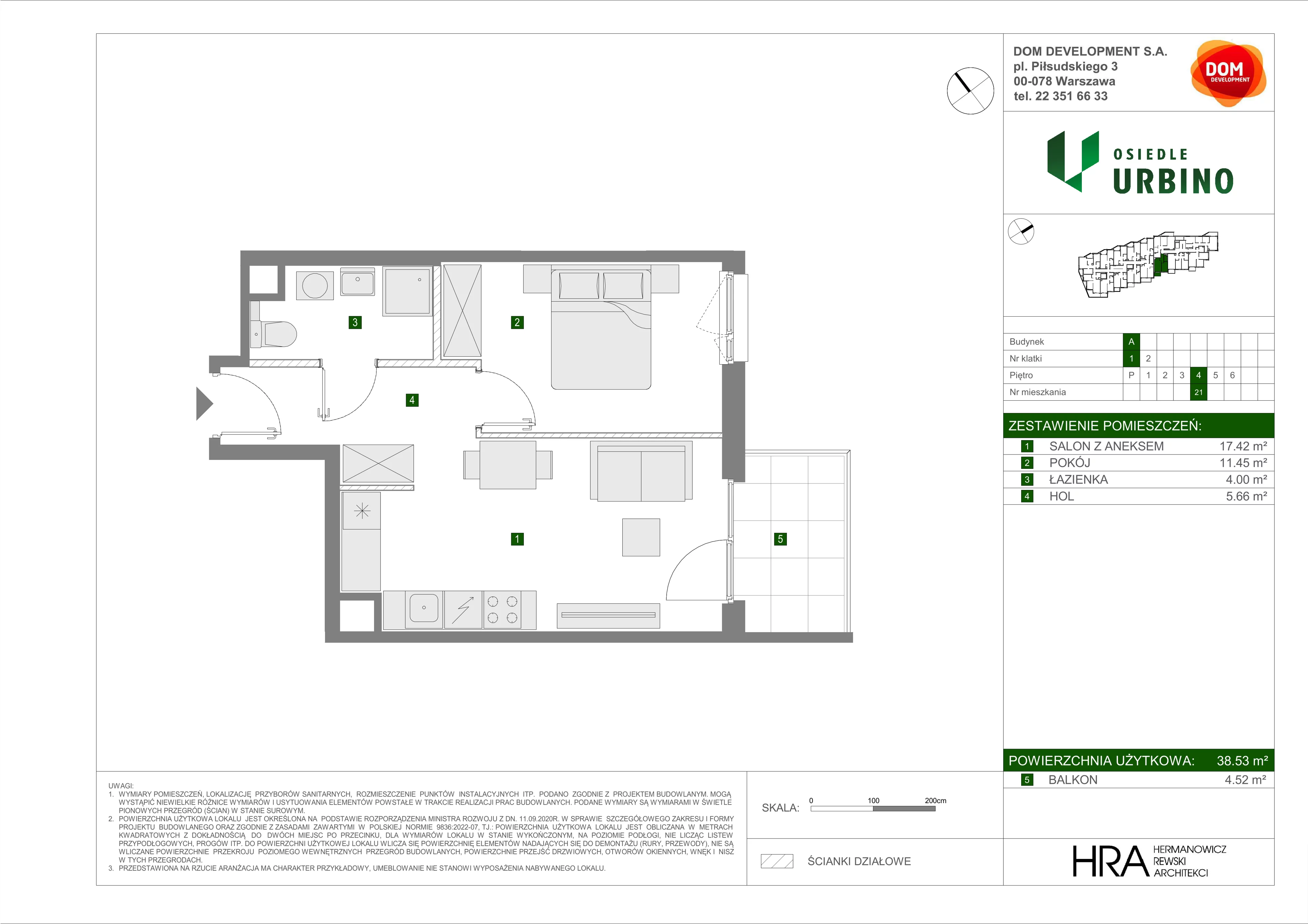 2 pokoje, mieszkanie 38,53 m², piętro 4, oferta nr A/21, Osiedle Urbino, Warszawa, Włochy, Raków, ul. Równoległa