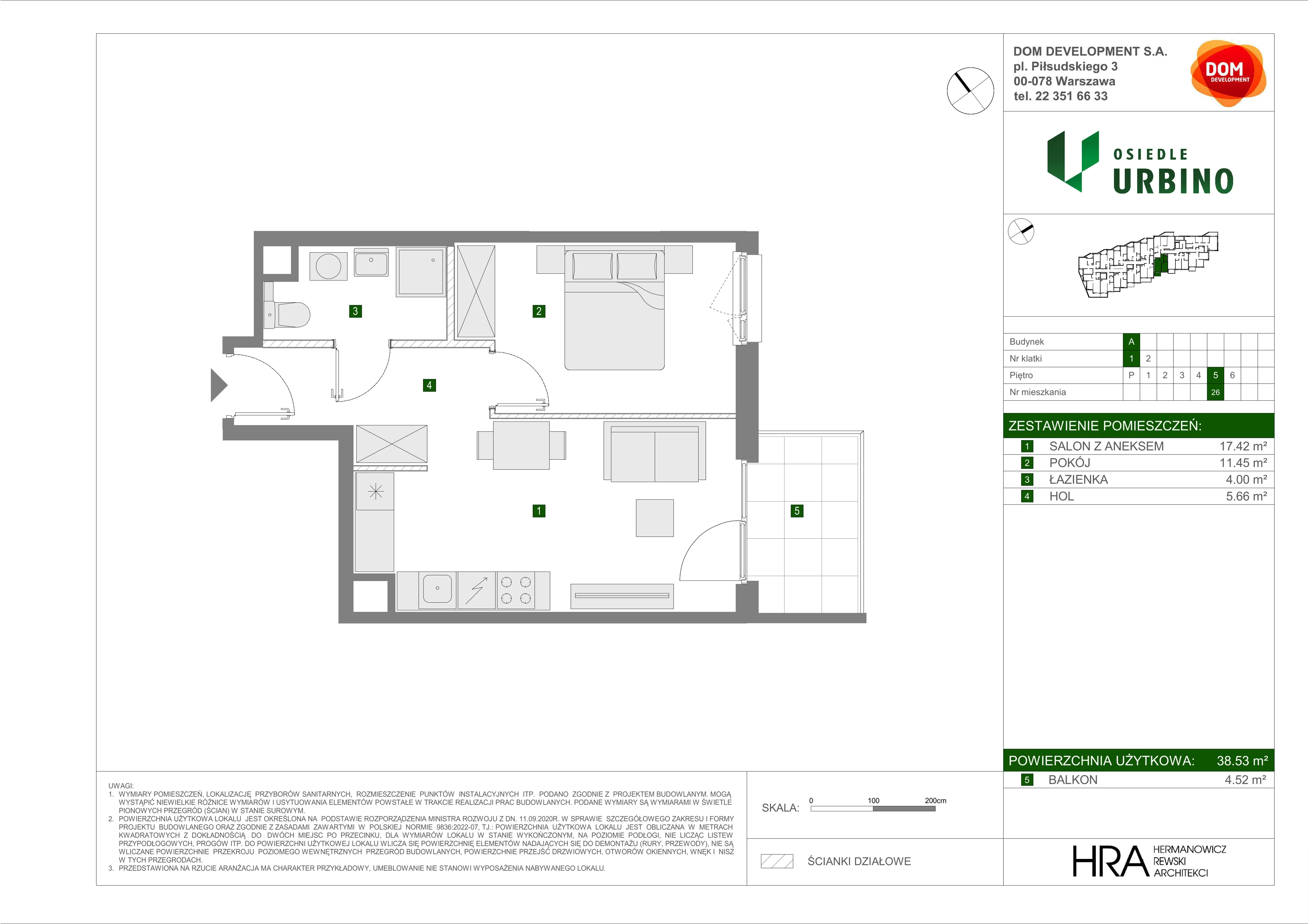 2 pokoje, mieszkanie 38,53 m², piętro 5, oferta nr A/26, Osiedle Urbino, Warszawa, Włochy, Raków, ul. Równoległa