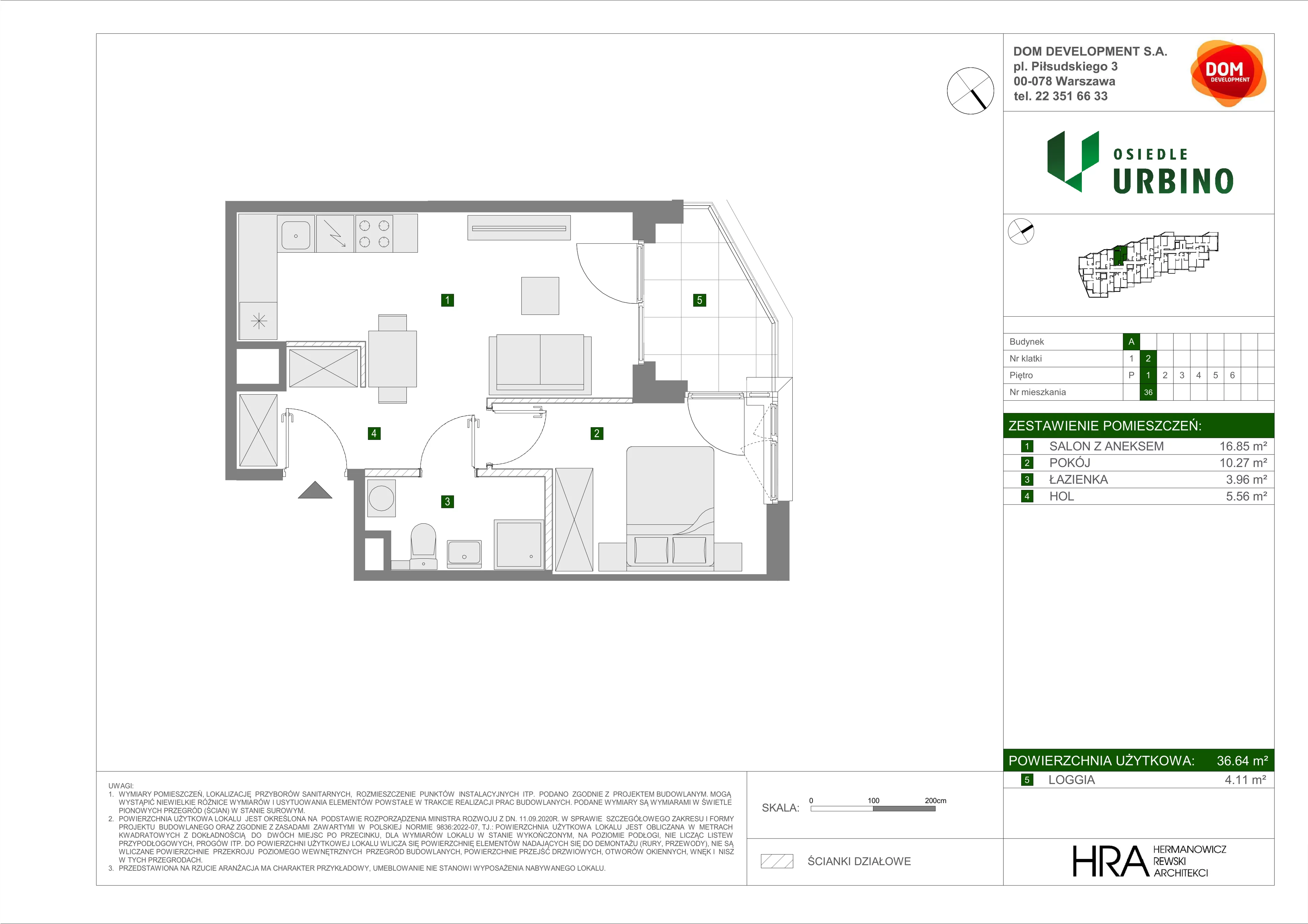 2 pokoje, mieszkanie 36,64 m², piętro 1, oferta nr A/36, Osiedle Urbino, Warszawa, Włochy, Raków, ul. Równoległa