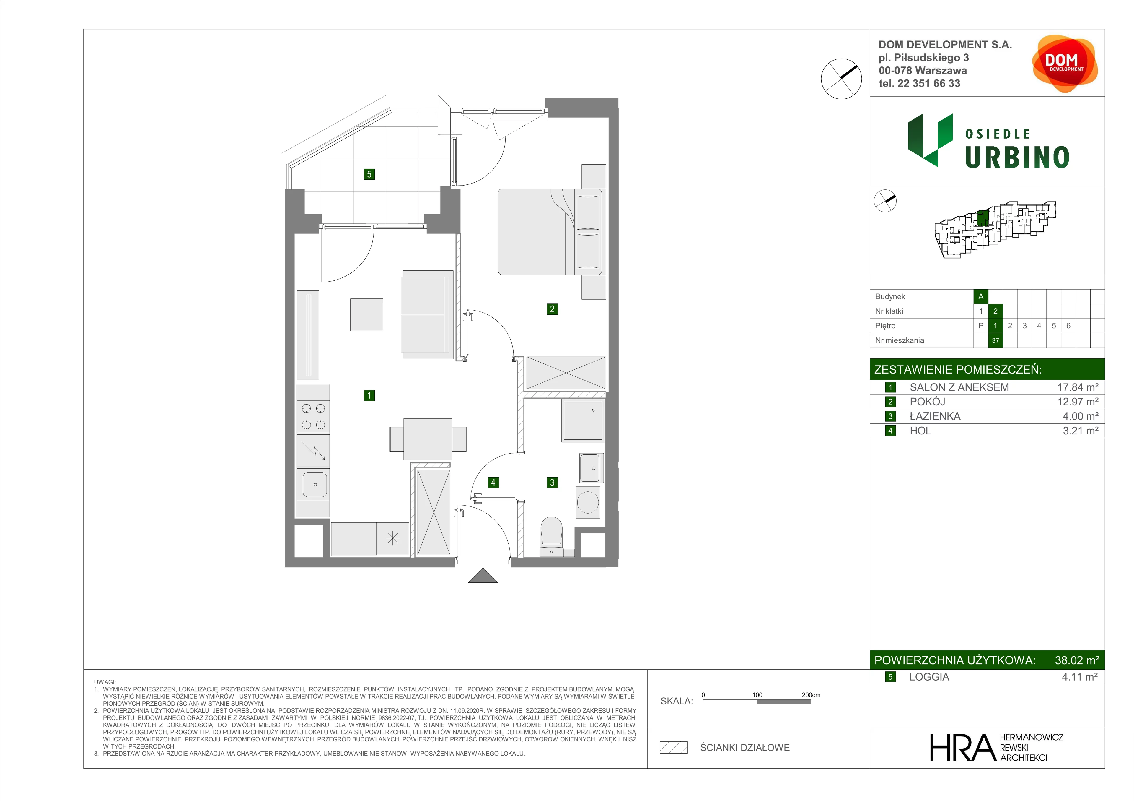 2 pokoje, mieszkanie 38,02 m², piętro 1, oferta nr A/37, Osiedle Urbino, Warszawa, Włochy, Raków, ul. Równoległa