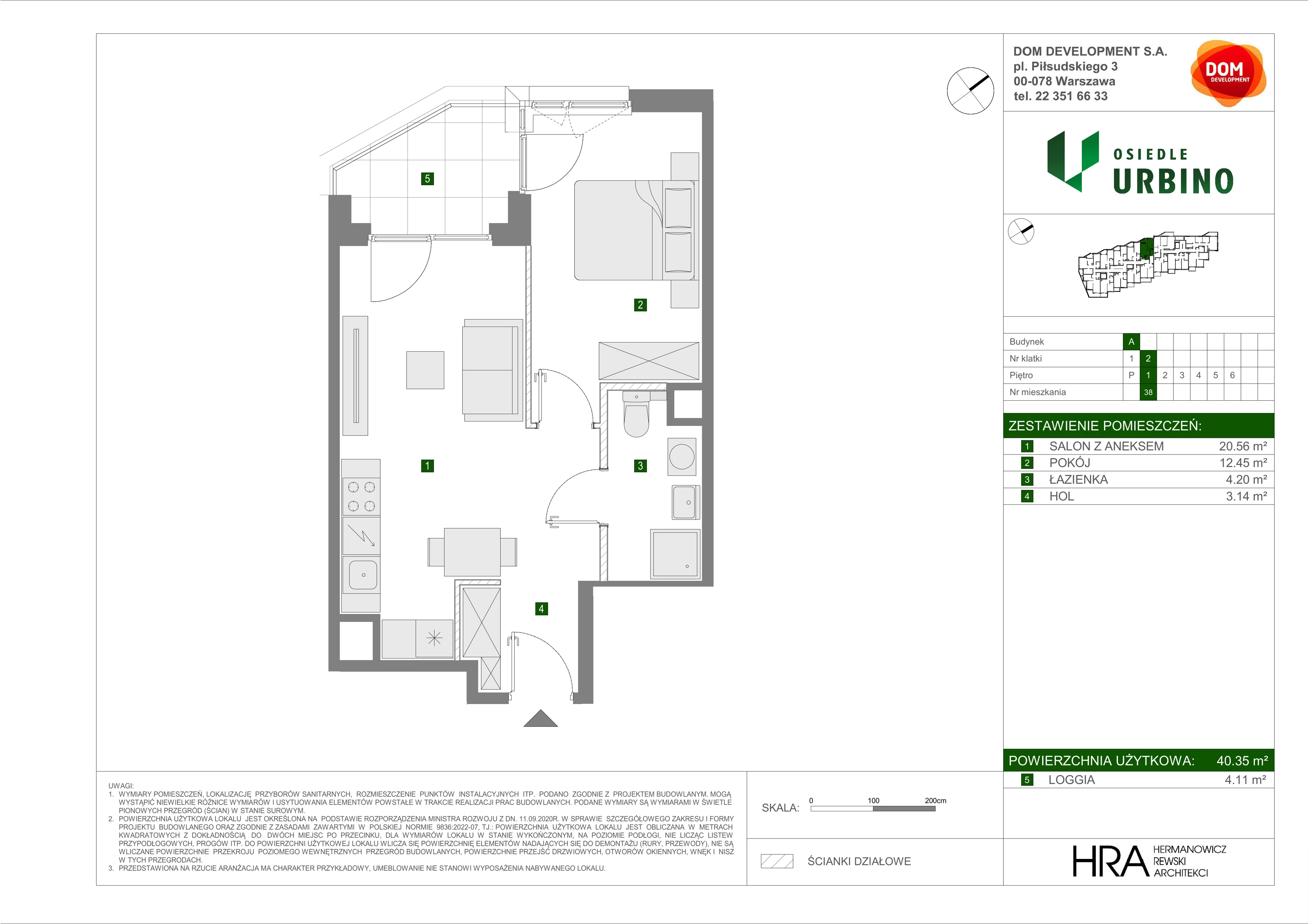 2 pokoje, mieszkanie 40,35 m², piętro 1, oferta nr A/38, Osiedle Urbino, Warszawa, Włochy, Raków, ul. Równoległa