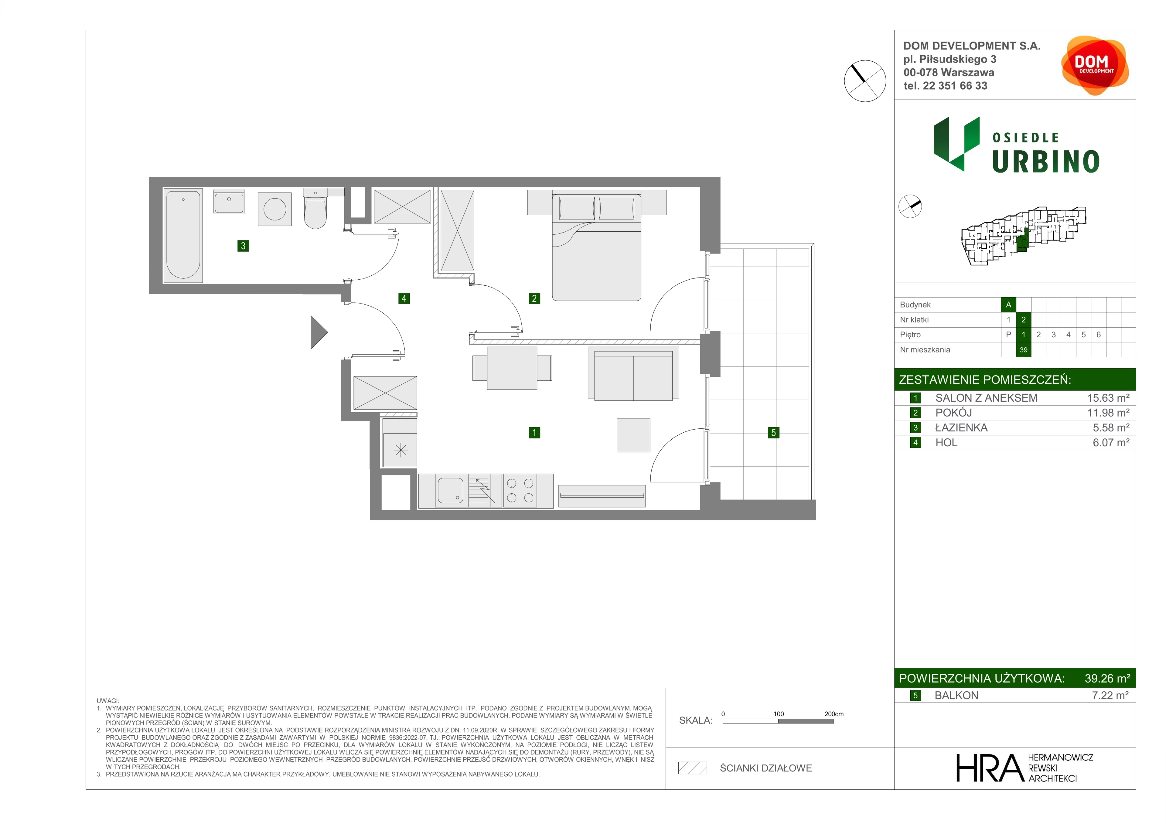 2 pokoje, mieszkanie 39,26 m², piętro 1, oferta nr A/39, Osiedle Urbino, Warszawa, Włochy, Raków, ul. Równoległa
