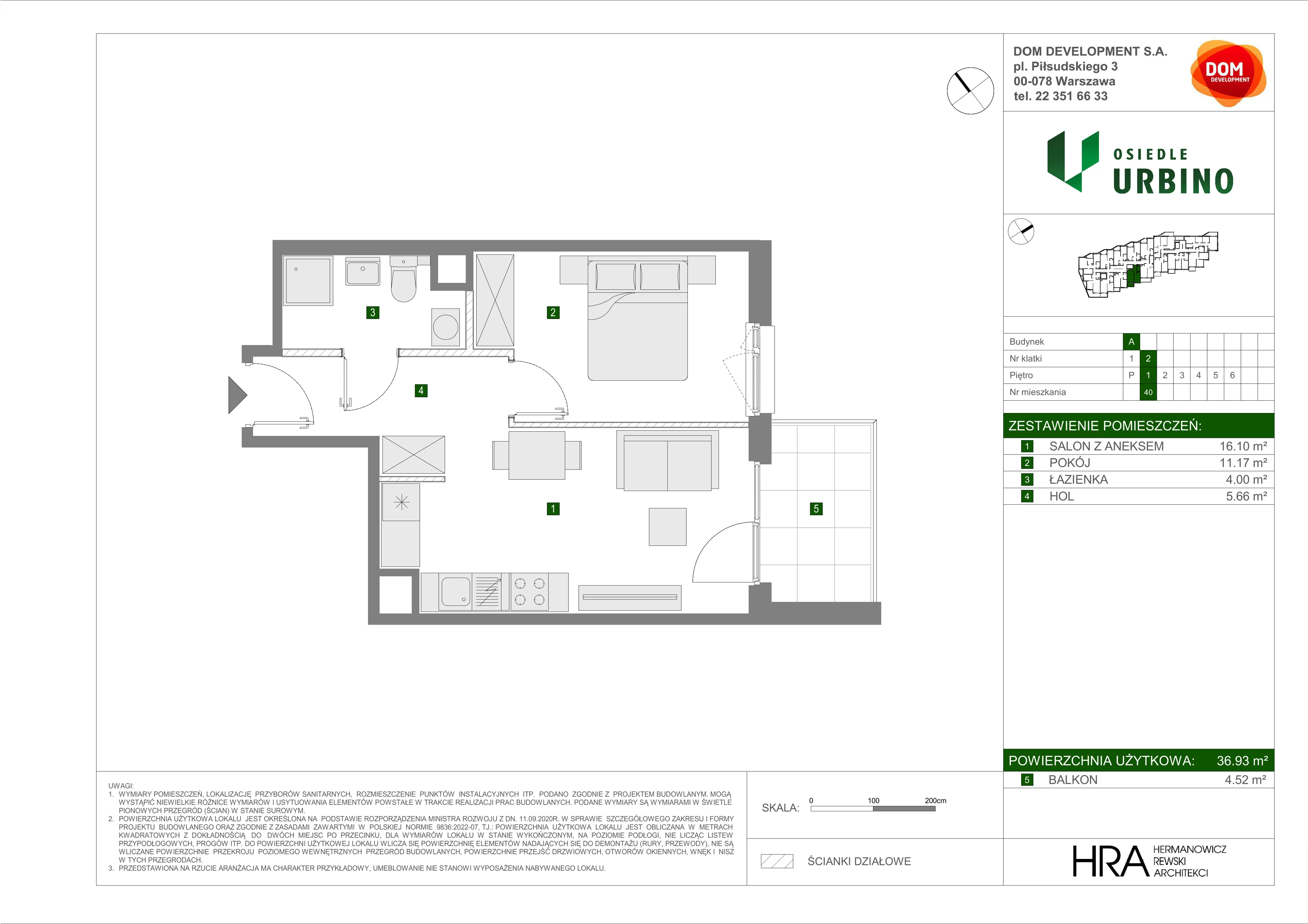 2 pokoje, mieszkanie 36,93 m², piętro 1, oferta nr A/40, Osiedle Urbino, Warszawa, Włochy, Raków, ul. Równoległa