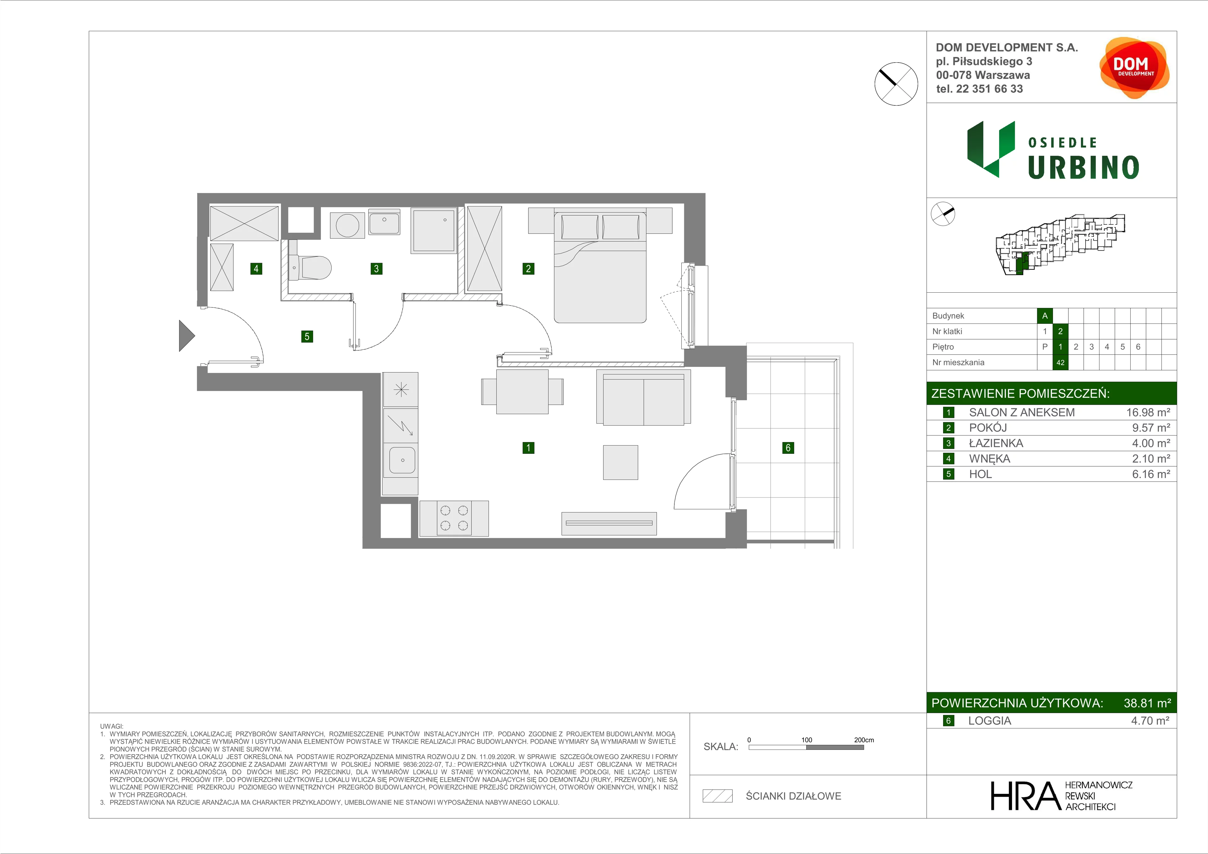 2 pokoje, mieszkanie 38,81 m², piętro 1, oferta nr A/42, Osiedle Urbino, Warszawa, Włochy, Raków, ul. Równoległa