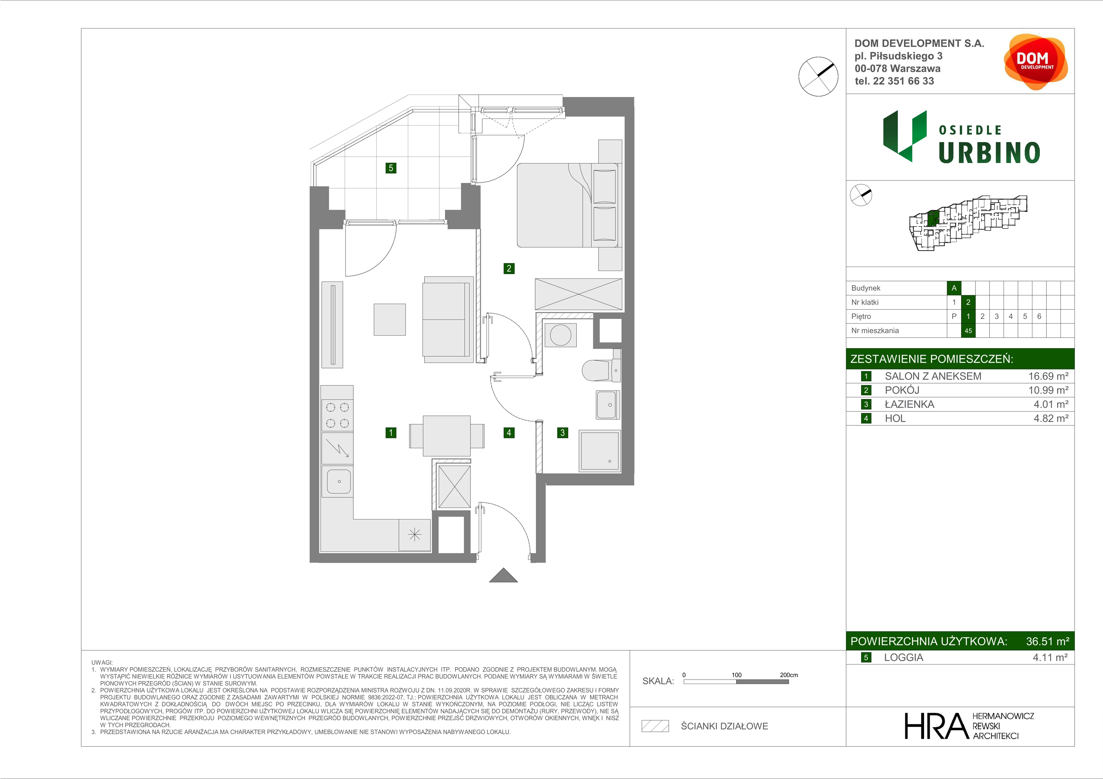 2 pokoje, mieszkanie 36,51 m², piętro 1, oferta nr A/45, Osiedle Urbino, Warszawa, Włochy, Raków, ul. Równoległa