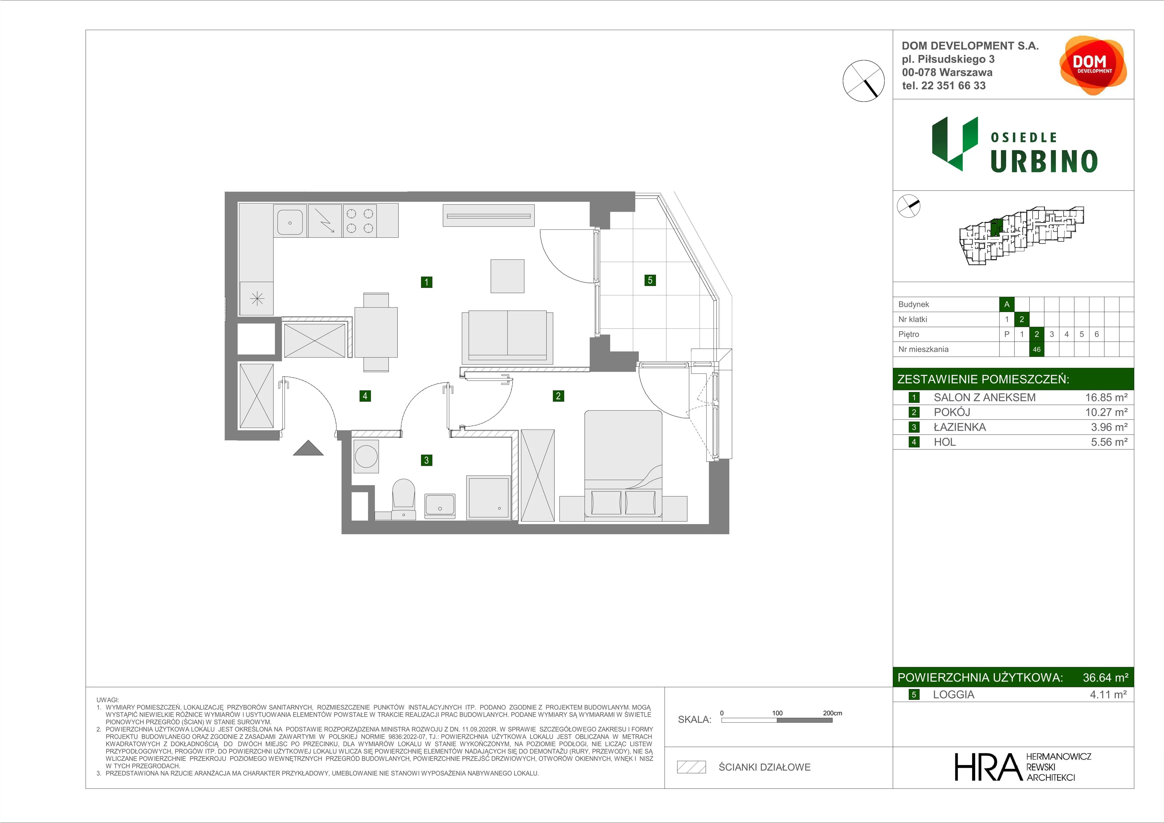 2 pokoje, mieszkanie 36,64 m², piętro 2, oferta nr A/46, Osiedle Urbino, Warszawa, Włochy, Raków, ul. Równoległa
