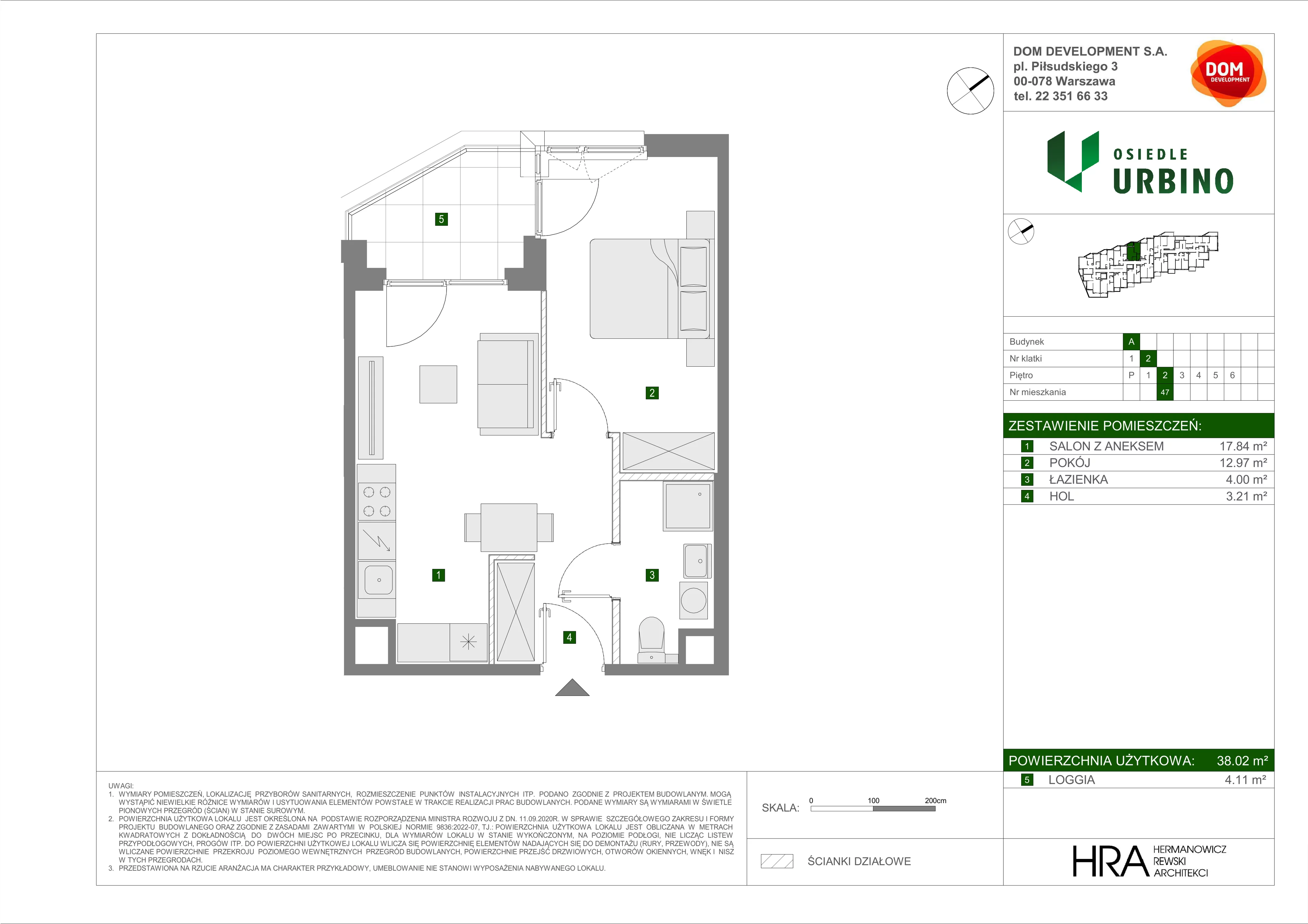2 pokoje, mieszkanie 38,02 m², piętro 2, oferta nr A/47, Osiedle Urbino, Warszawa, Włochy, Raków, ul. Równoległa
