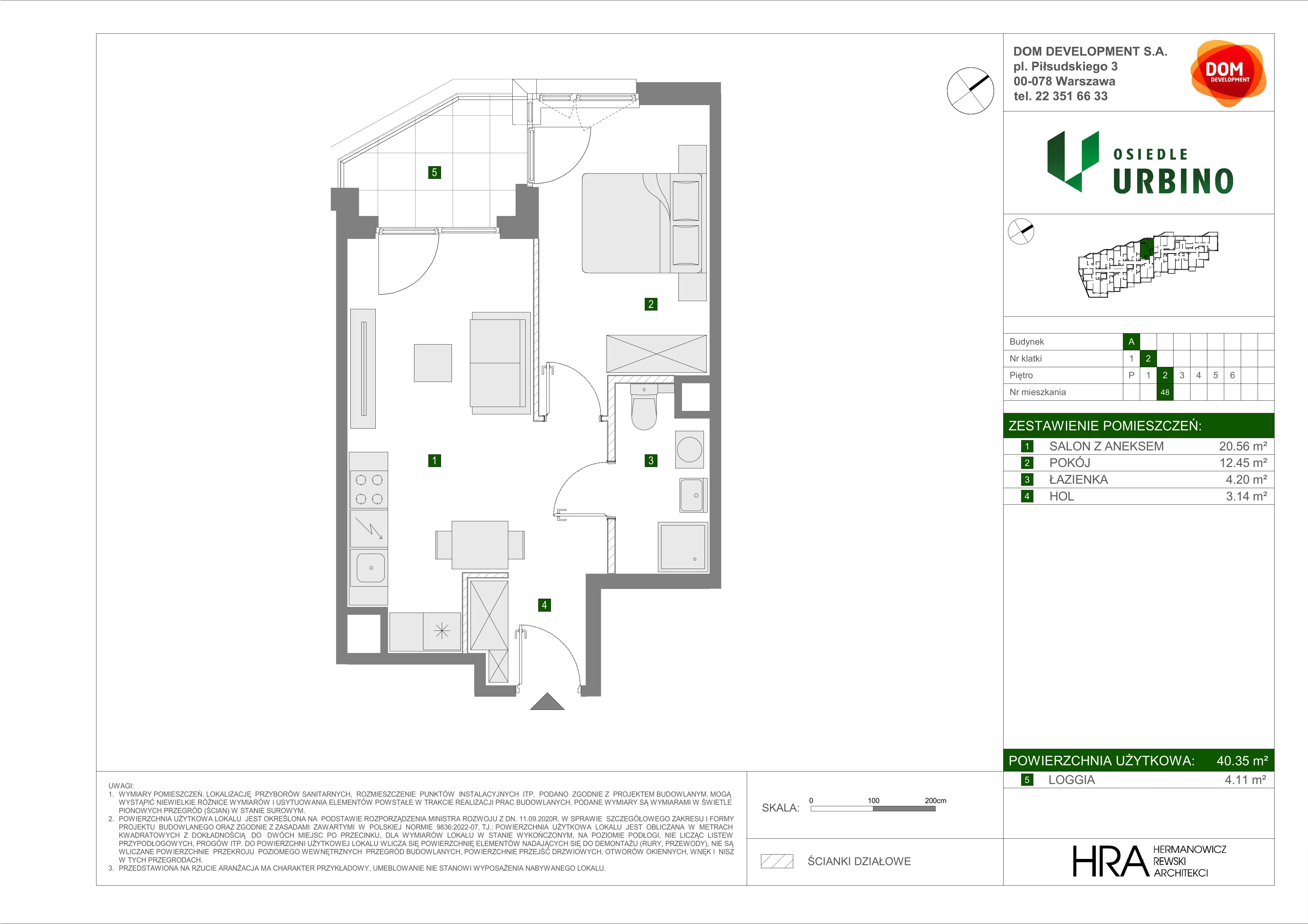2 pokoje, mieszkanie 40,35 m², piętro 2, oferta nr A/48, Osiedle Urbino, Warszawa, Włochy, Raków, ul. Równoległa