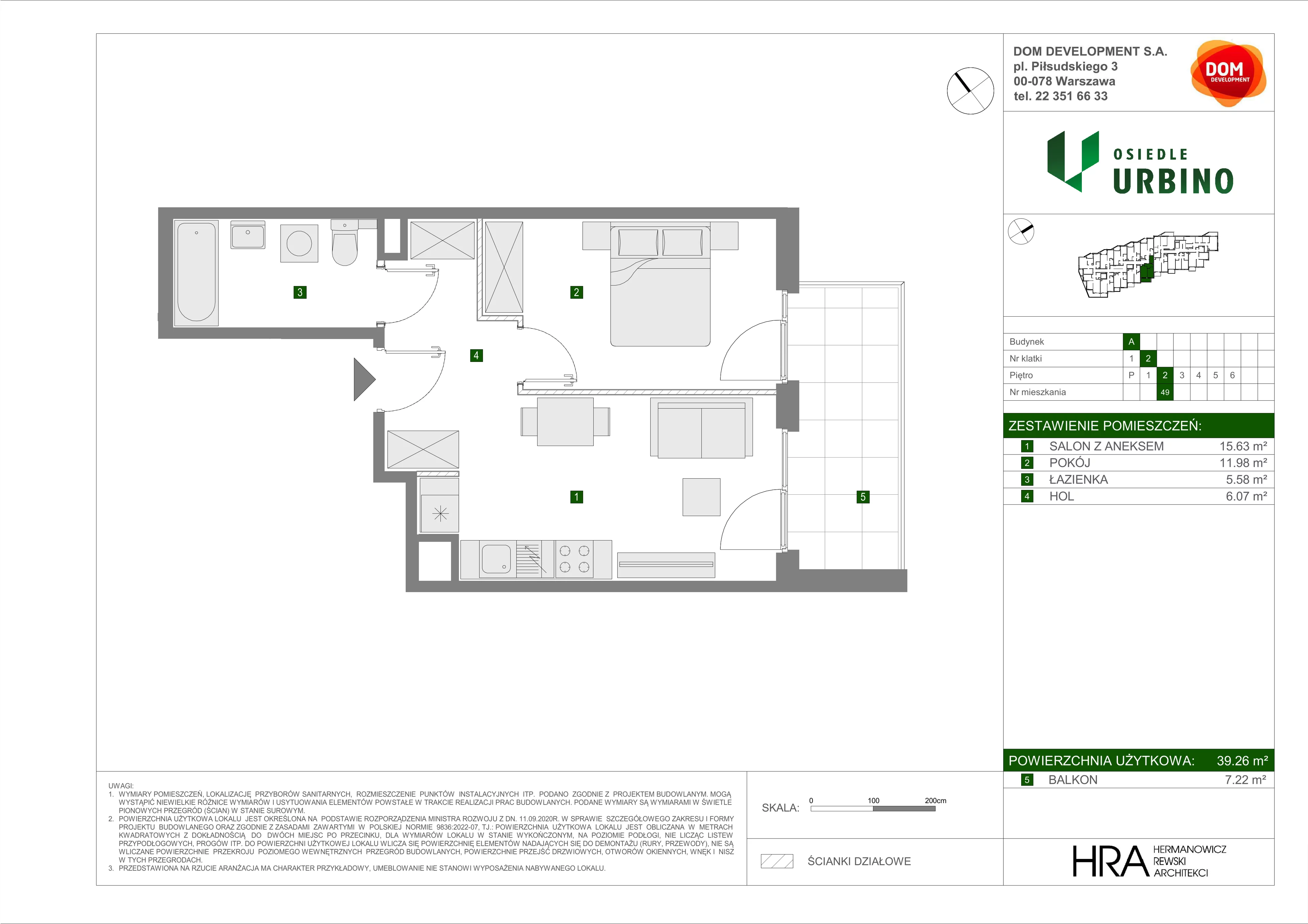 2 pokoje, mieszkanie 39,26 m², piętro 2, oferta nr A/49, Osiedle Urbino, Warszawa, Włochy, Raków, ul. Równoległa