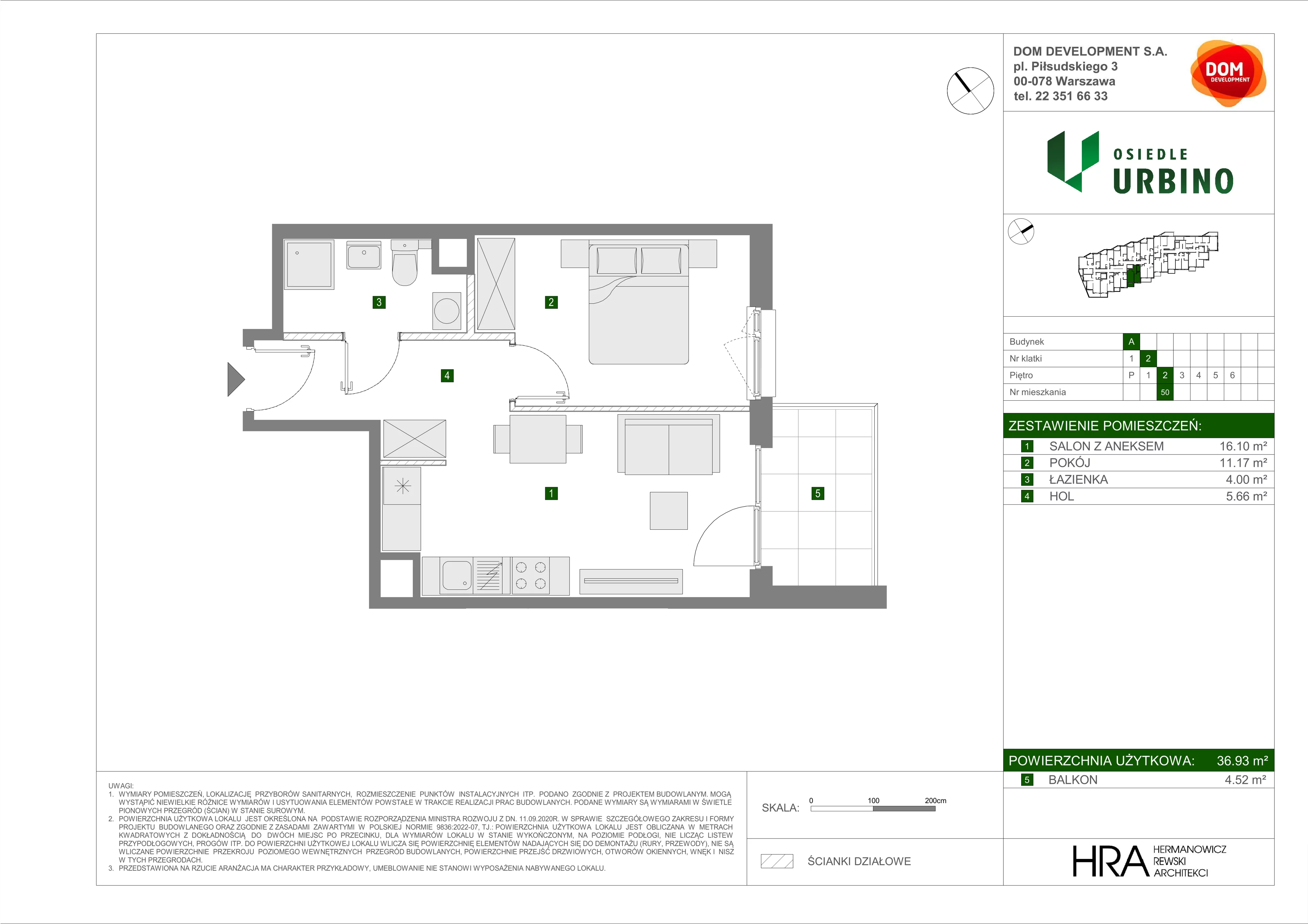 2 pokoje, mieszkanie 36,93 m², piętro 2, oferta nr A/50, Osiedle Urbino, Warszawa, Włochy, Raków, ul. Równoległa