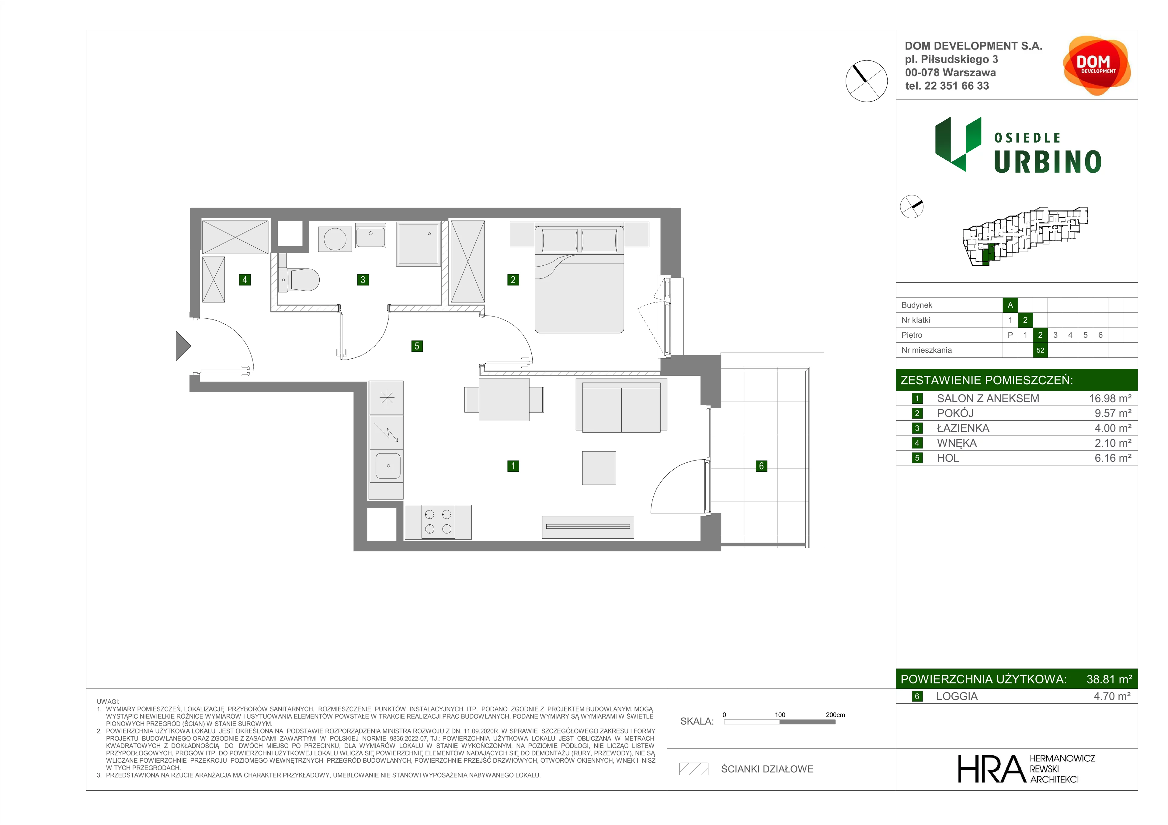 2 pokoje, mieszkanie 38,81 m², piętro 2, oferta nr A/52, Osiedle Urbino, Warszawa, Włochy, Raków, ul. Równoległa