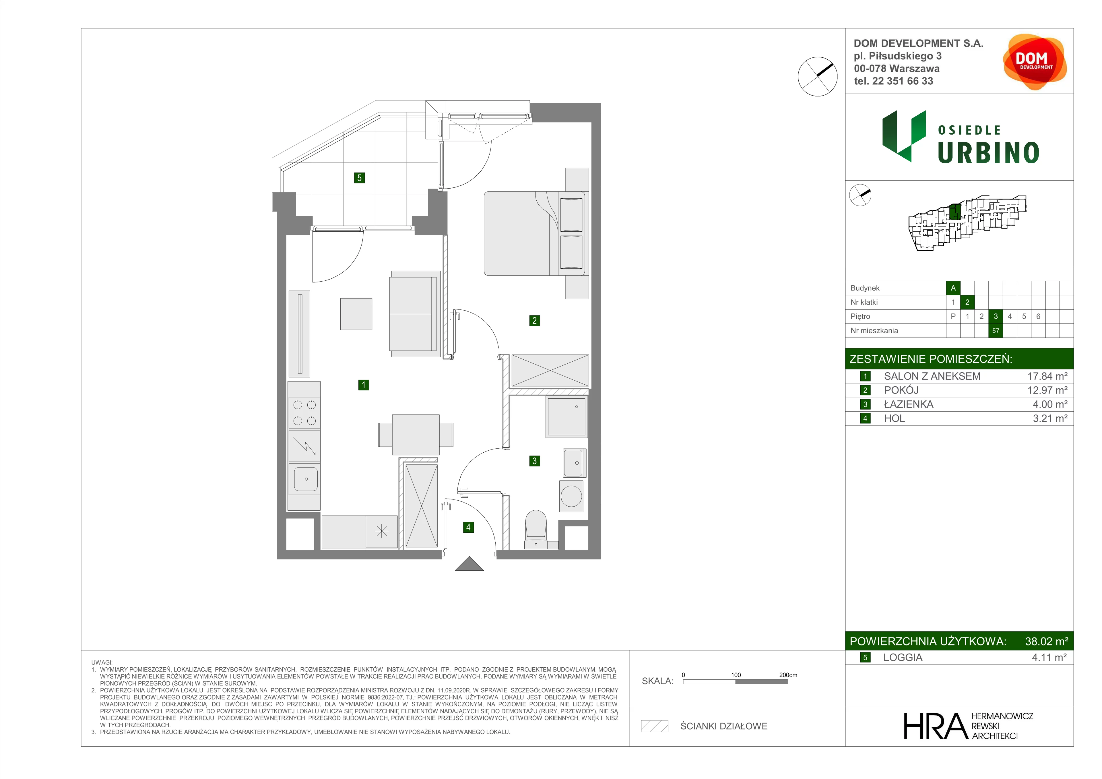 2 pokoje, mieszkanie 38,02 m², piętro 3, oferta nr A/57, Osiedle Urbino, Warszawa, Włochy, Raków, ul. Równoległa