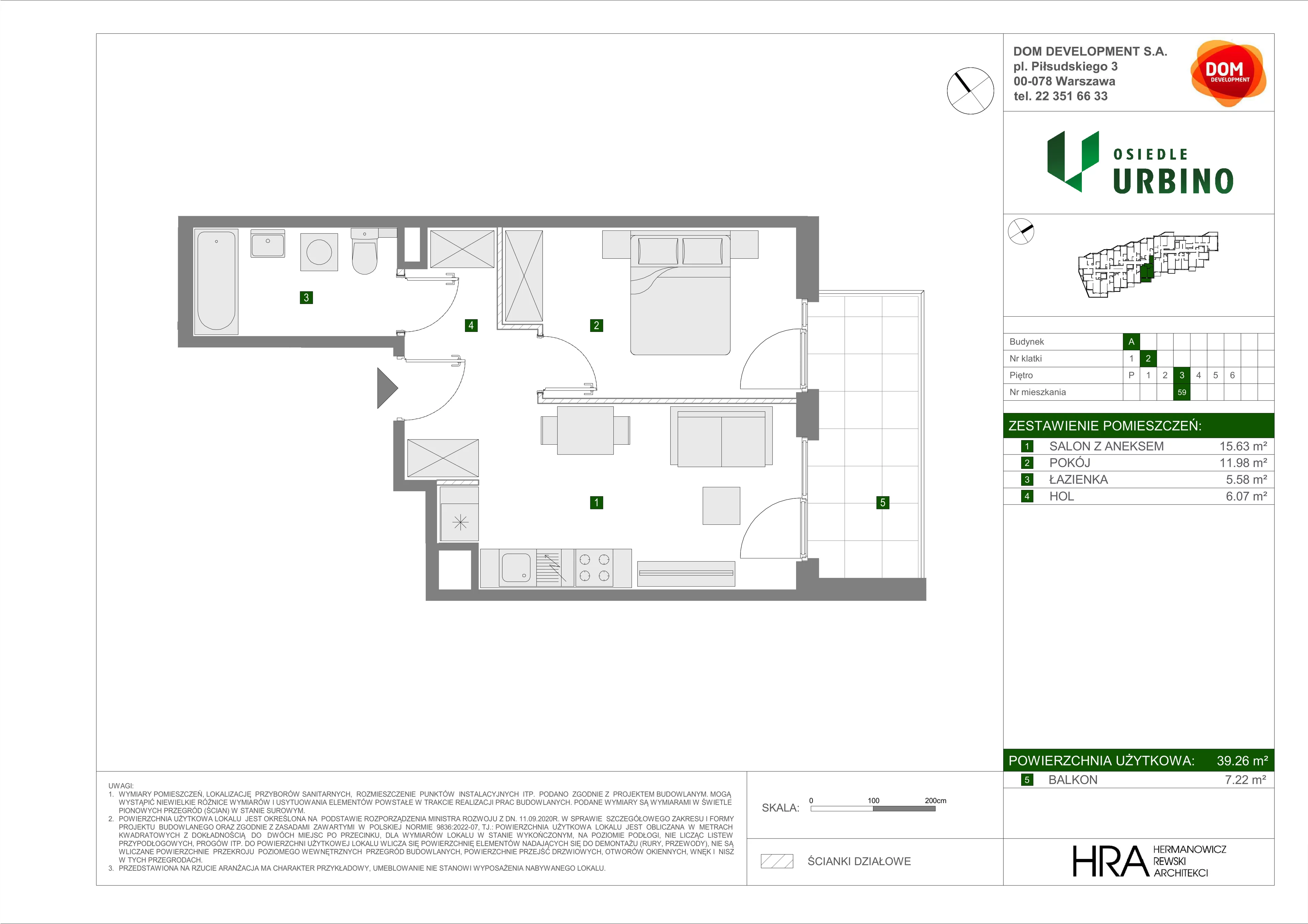 2 pokoje, mieszkanie 39,26 m², piętro 3, oferta nr A/59, Osiedle Urbino, Warszawa, Włochy, Raków, ul. Równoległa