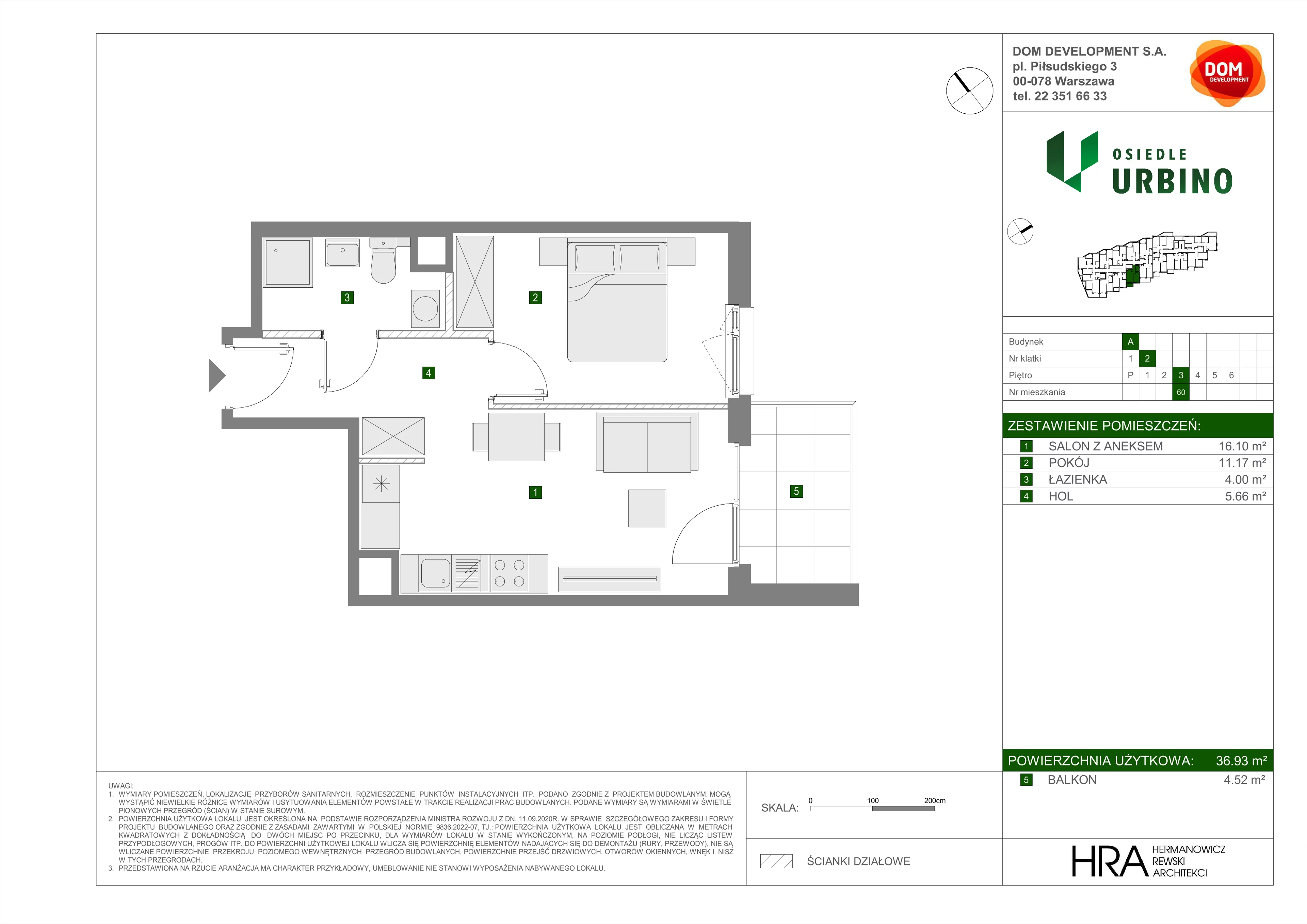 2 pokoje, mieszkanie 36,93 m², piętro 3, oferta nr A/60, Osiedle Urbino, Warszawa, Włochy, Raków, ul. Równoległa