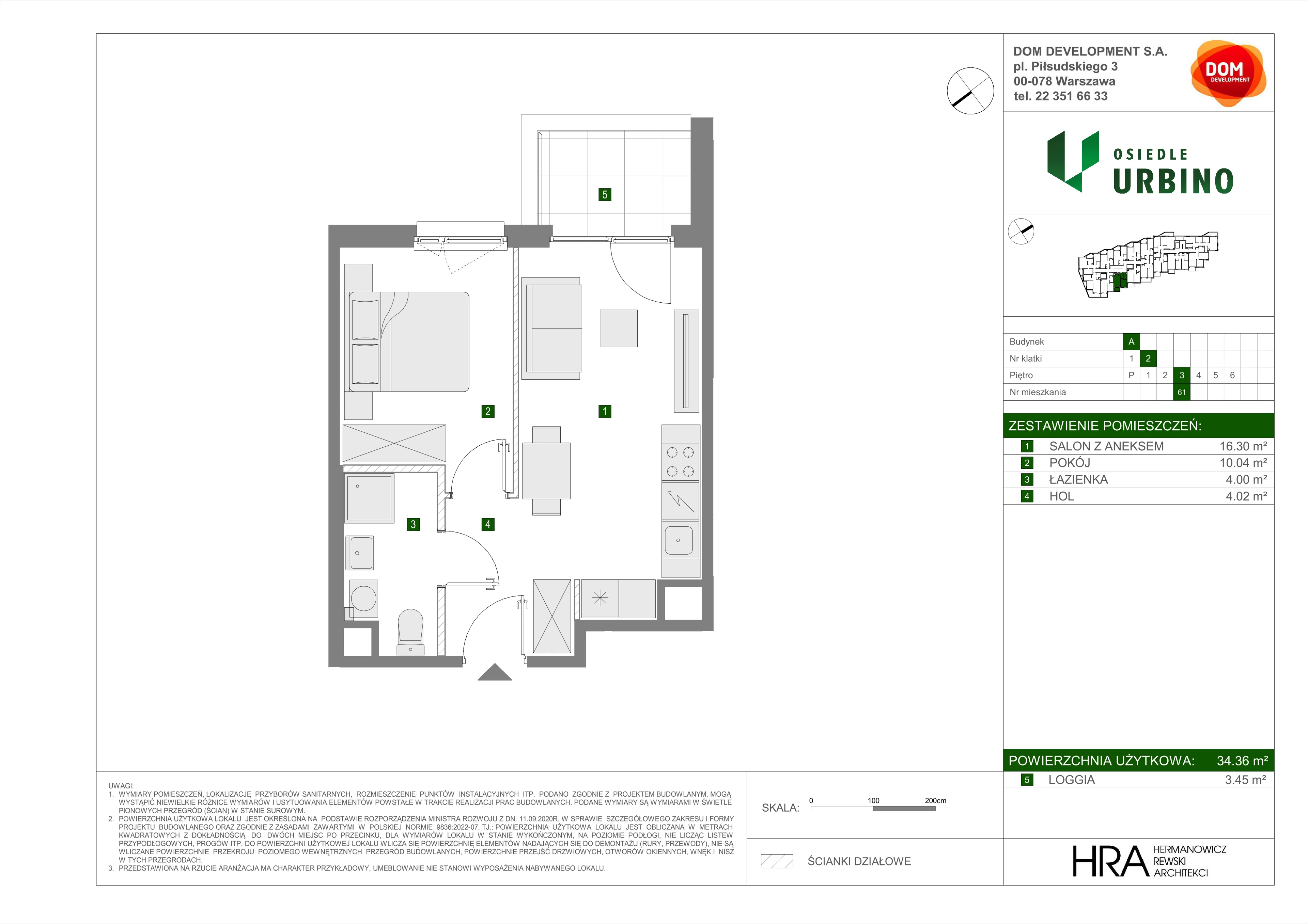 2 pokoje, mieszkanie 34,36 m², piętro 3, oferta nr A/61, Osiedle Urbino, Warszawa, Włochy, Raków, ul. Równoległa