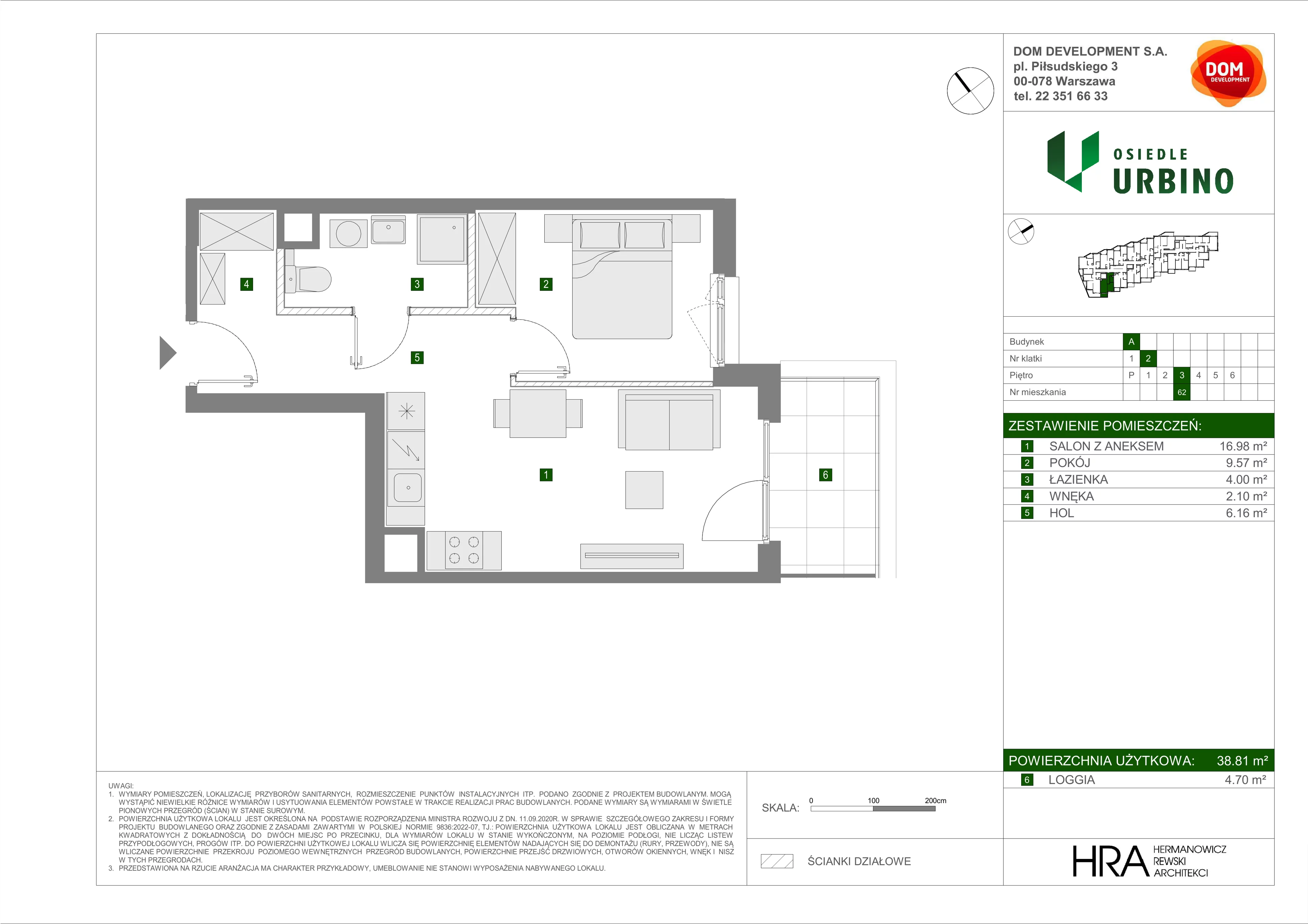 2 pokoje, mieszkanie 38,81 m², piętro 3, oferta nr A/62, Osiedle Urbino, Warszawa, Włochy, Raków, ul. Równoległa