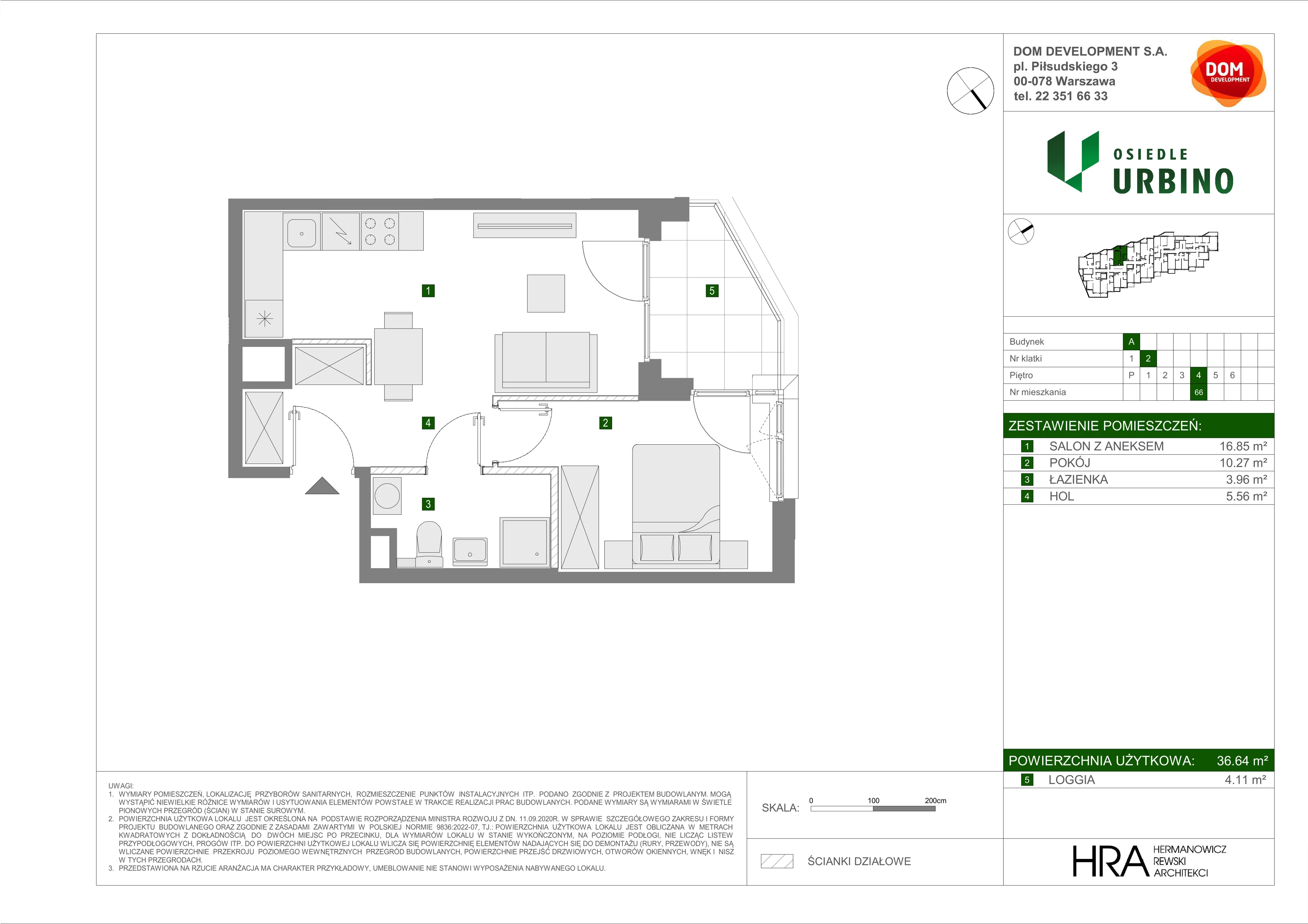 2 pokoje, mieszkanie 36,64 m², piętro 4, oferta nr A/66, Osiedle Urbino, Warszawa, Włochy, Raków, ul. Równoległa