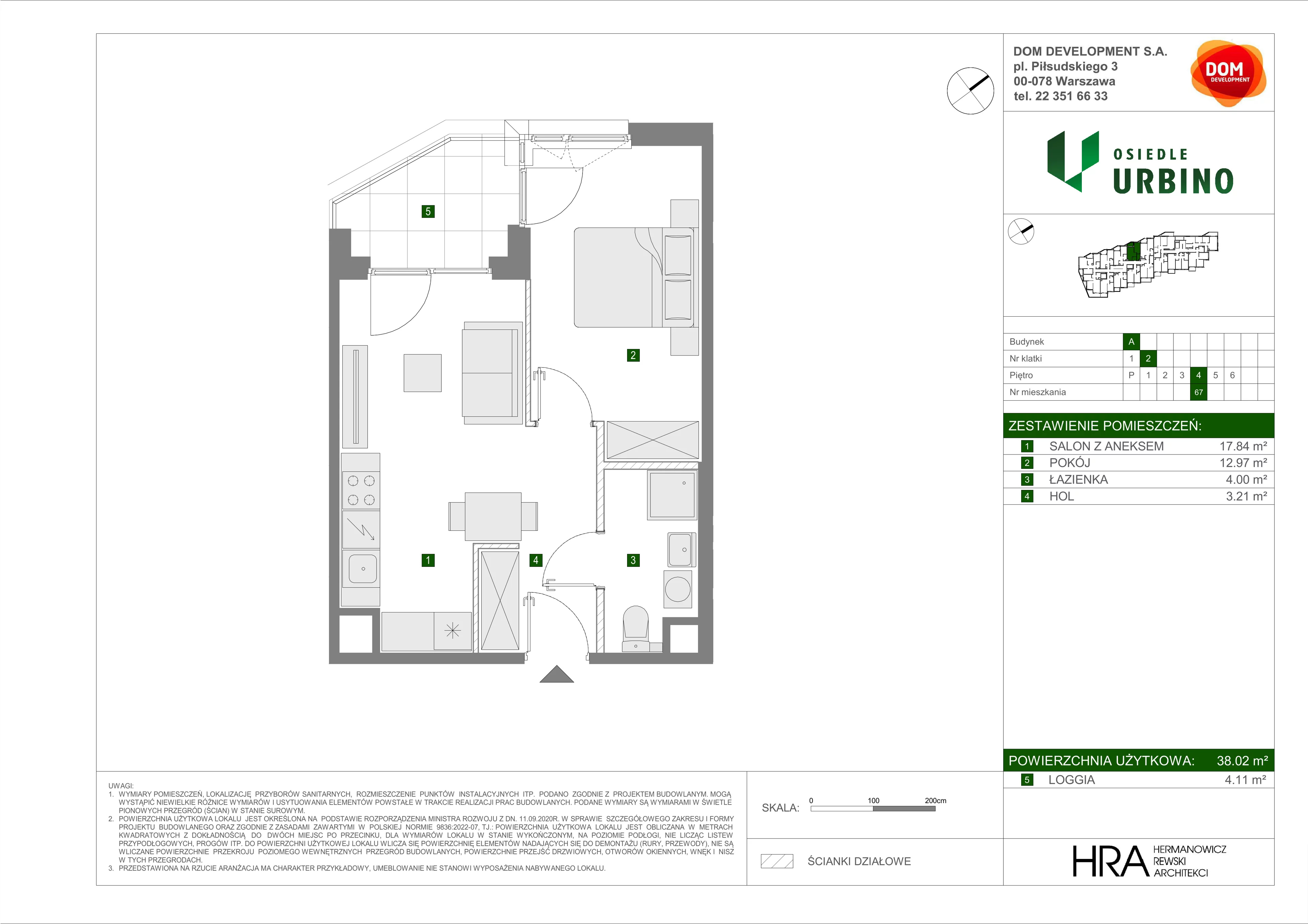 2 pokoje, mieszkanie 38,02 m², piętro 4, oferta nr A/67, Osiedle Urbino, Warszawa, Włochy, Raków, ul. Równoległa