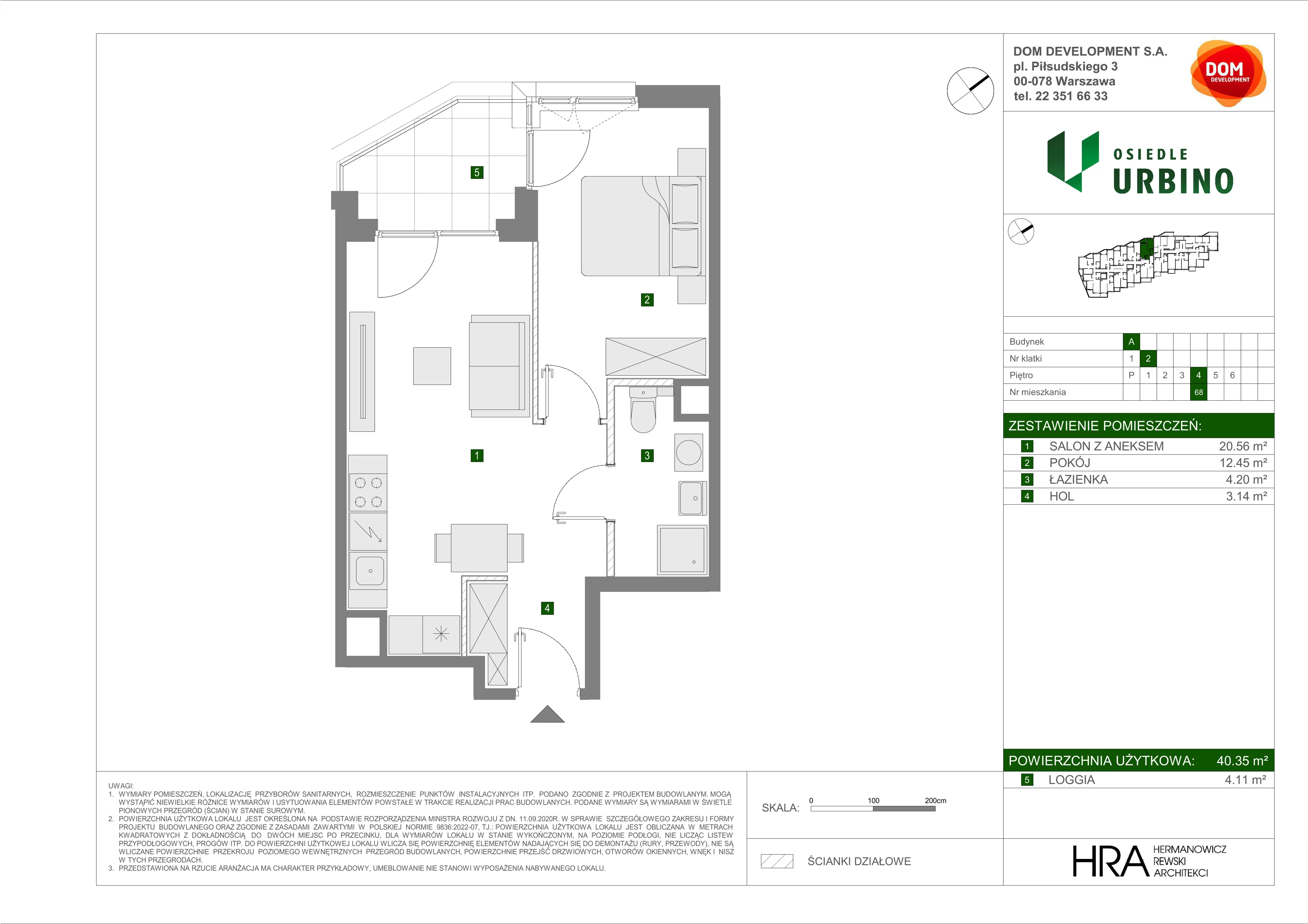 2 pokoje, mieszkanie 40,35 m², piętro 4, oferta nr A/68, Osiedle Urbino, Warszawa, Włochy, Raków, ul. Równoległa