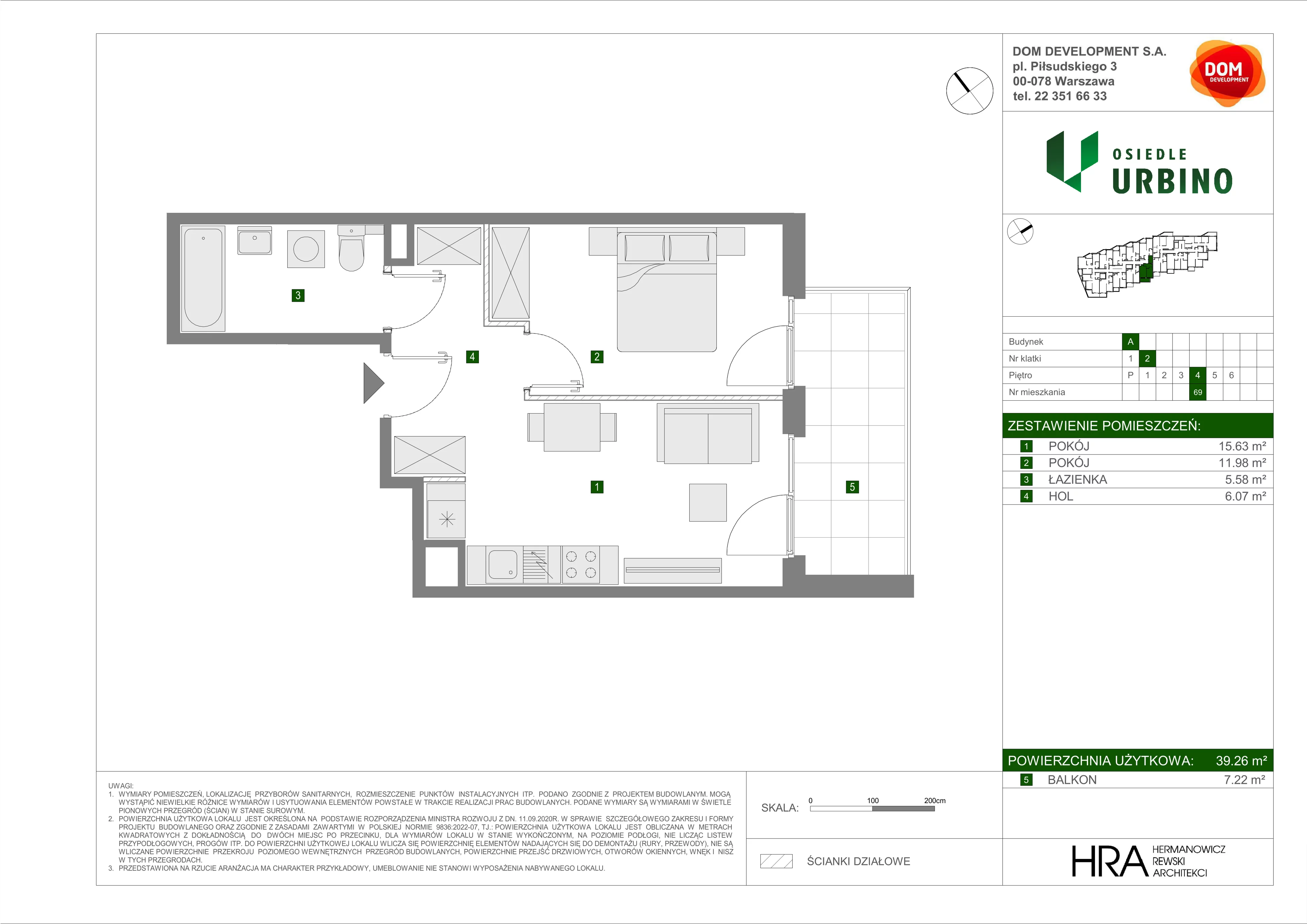 2 pokoje, mieszkanie 39,26 m², piętro 4, oferta nr A/69, Osiedle Urbino, Warszawa, Włochy, Raków, ul. Równoległa