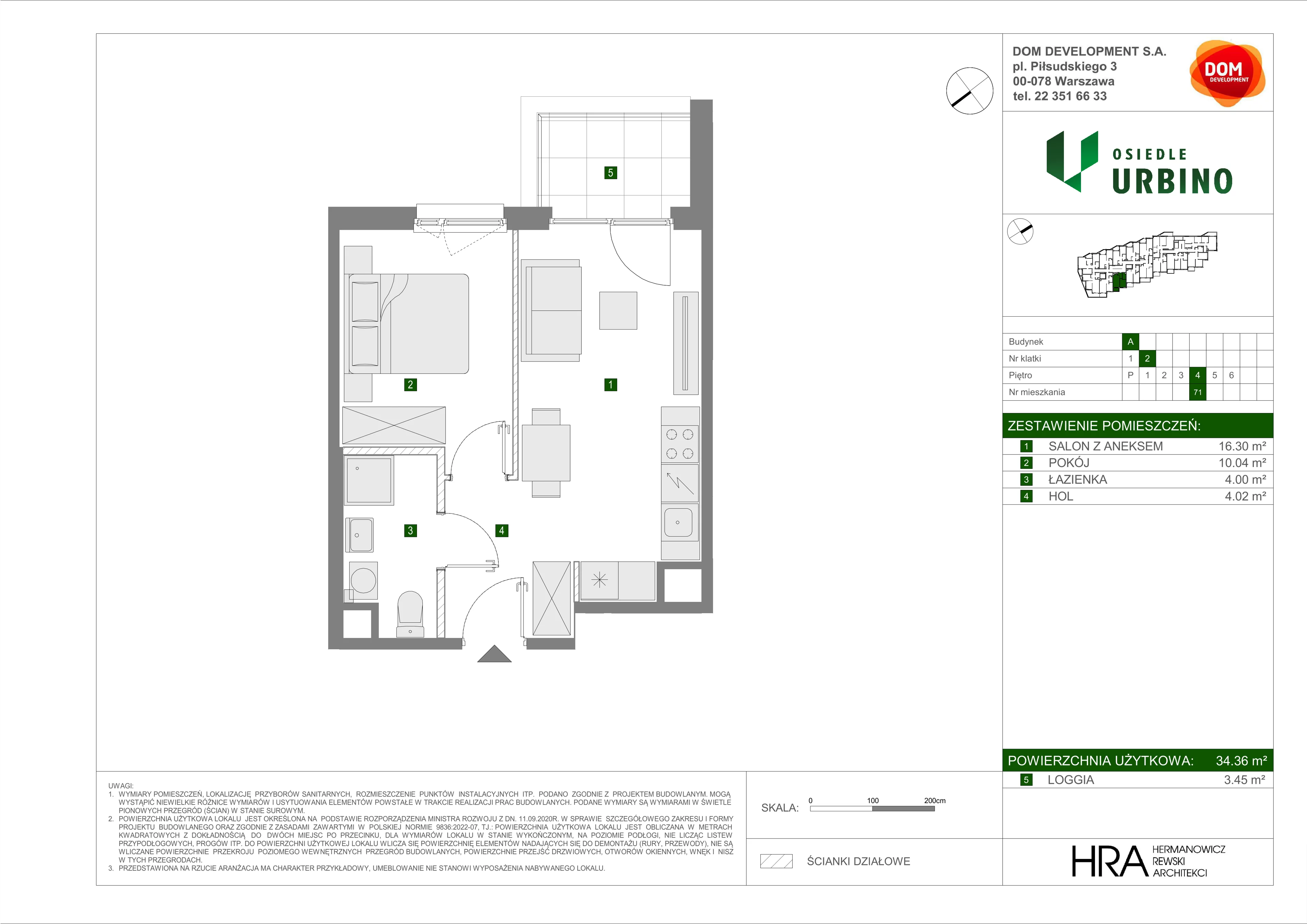 2 pokoje, mieszkanie 34,36 m², piętro 4, oferta nr A/71, Osiedle Urbino, Warszawa, Włochy, Raków, ul. Równoległa