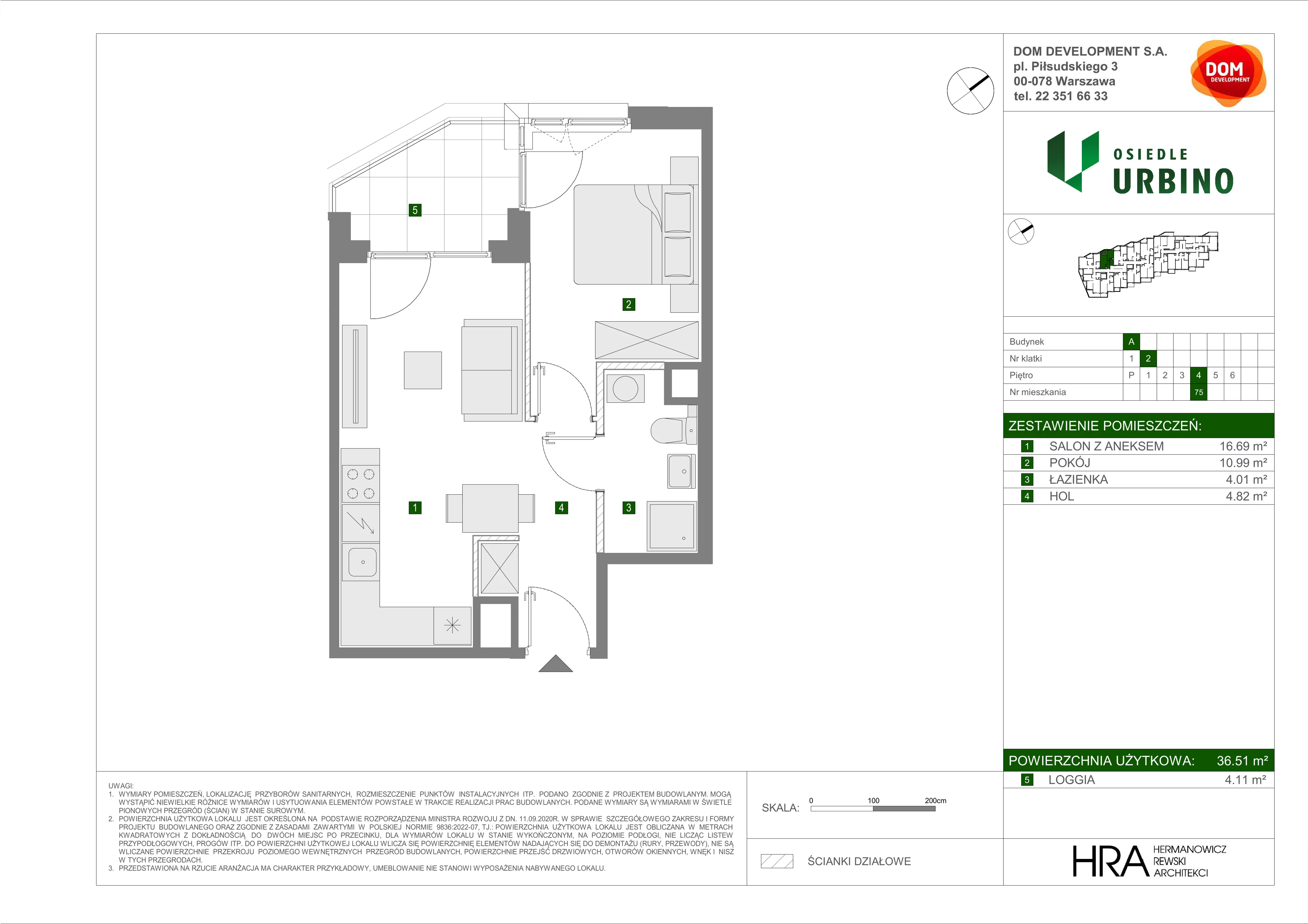2 pokoje, mieszkanie 36,51 m², piętro 4, oferta nr A/75, Osiedle Urbino, Warszawa, Włochy, Raków, ul. Równoległa