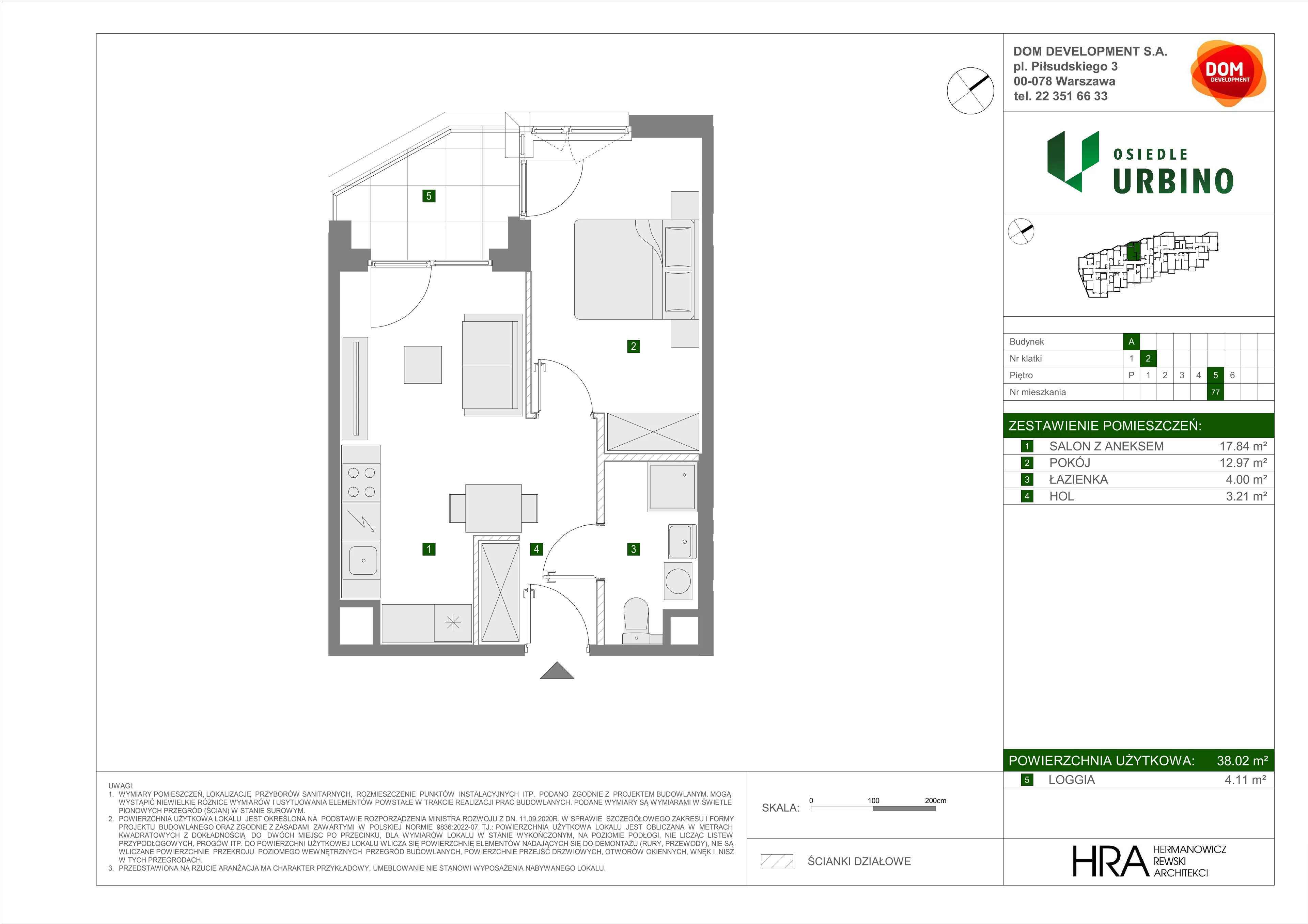 2 pokoje, mieszkanie 38,02 m², piętro 5, oferta nr A/77, Osiedle Urbino, Warszawa, Włochy, Raków, ul. Równoległa