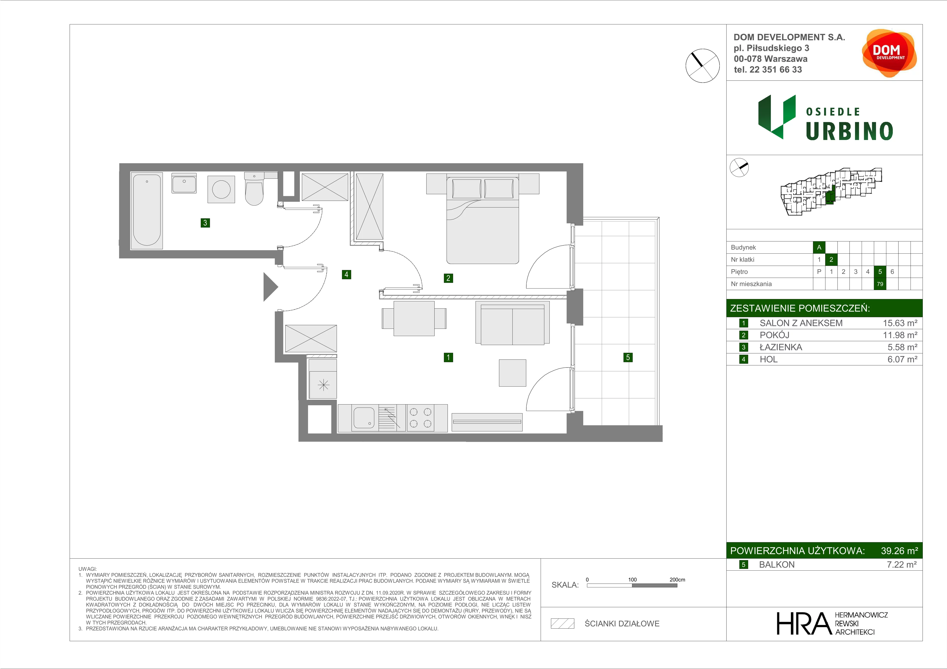 2 pokoje, mieszkanie 39,26 m², piętro 5, oferta nr A/79, Osiedle Urbino, Warszawa, Włochy, Raków, ul. Równoległa