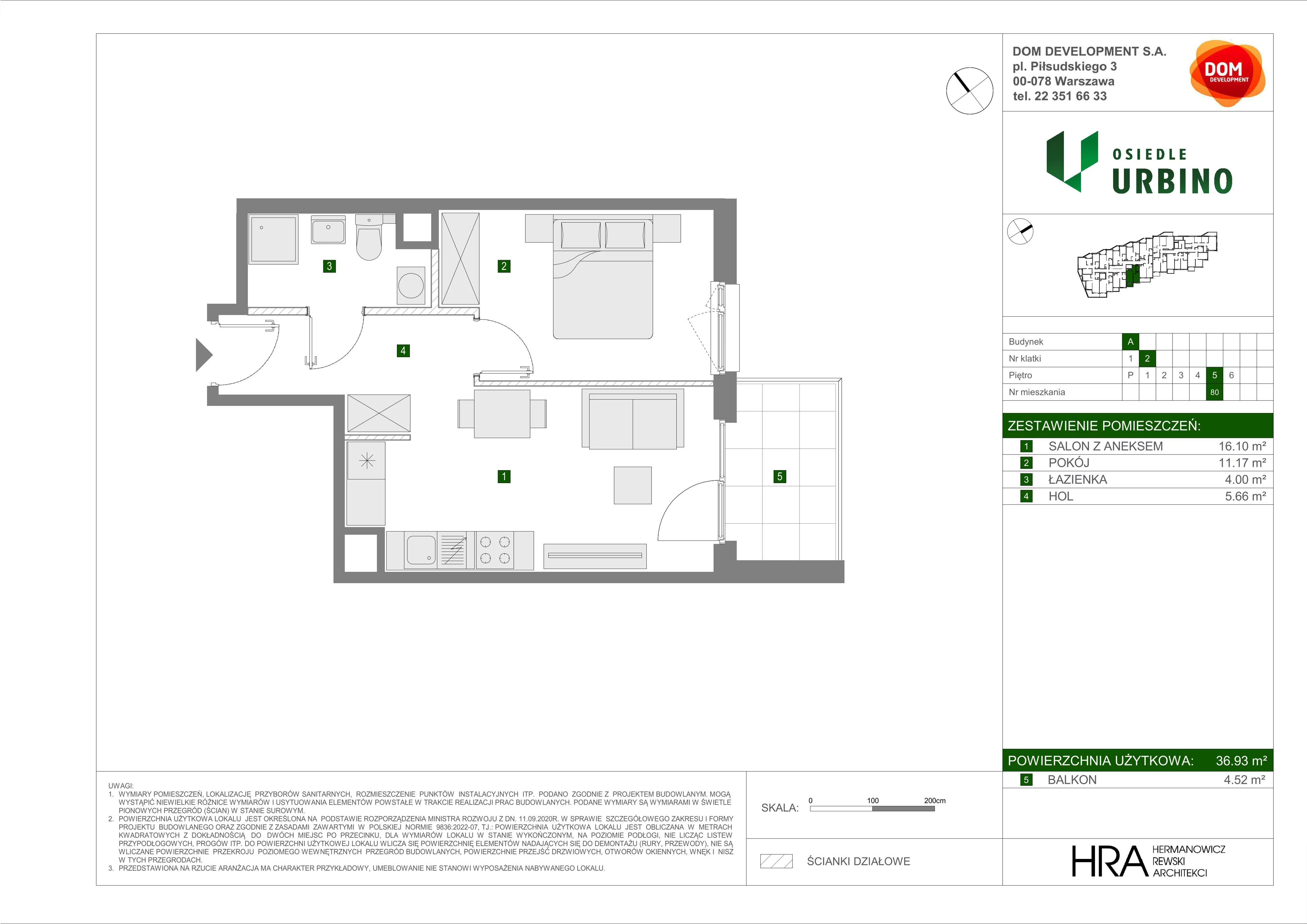 2 pokoje, mieszkanie 36,93 m², piętro 5, oferta nr A/80, Osiedle Urbino, Warszawa, Włochy, Raków, ul. Równoległa