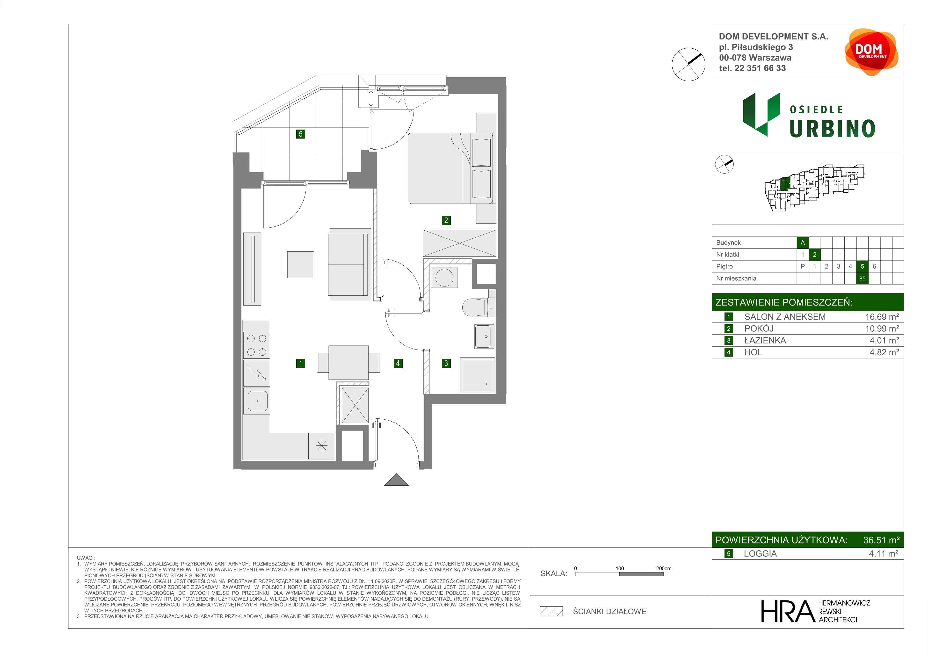 2 pokoje, mieszkanie 36,51 m², piętro 5, oferta nr A/85, Osiedle Urbino, Warszawa, Włochy, Raków, ul. Równoległa
