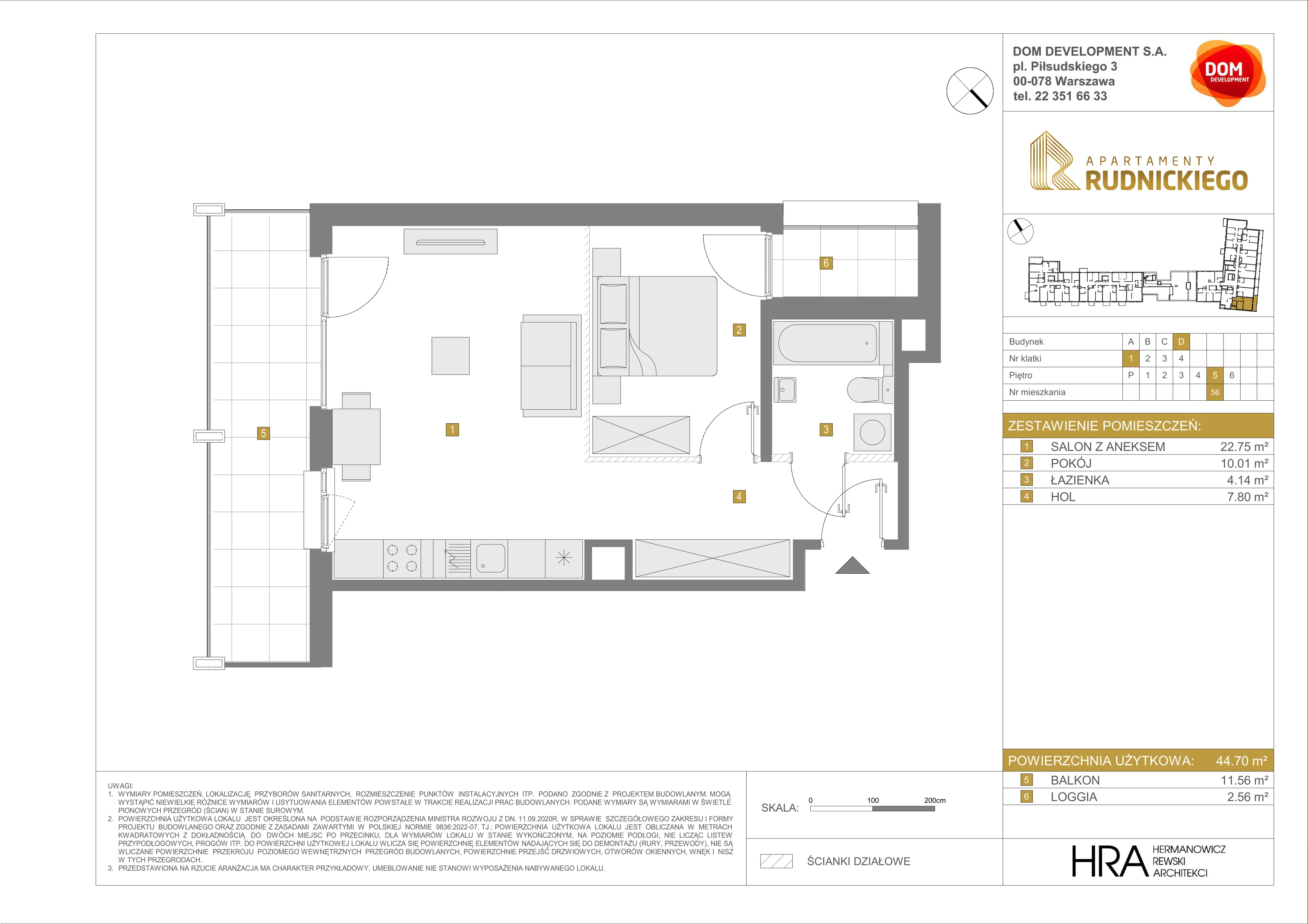 Mieszkanie 44,70 m², piętro 5, oferta nr D/56, Apartamenty Rudnickiego, Warszawa, Bielany, Piaski, ul. Rudnickiego 7