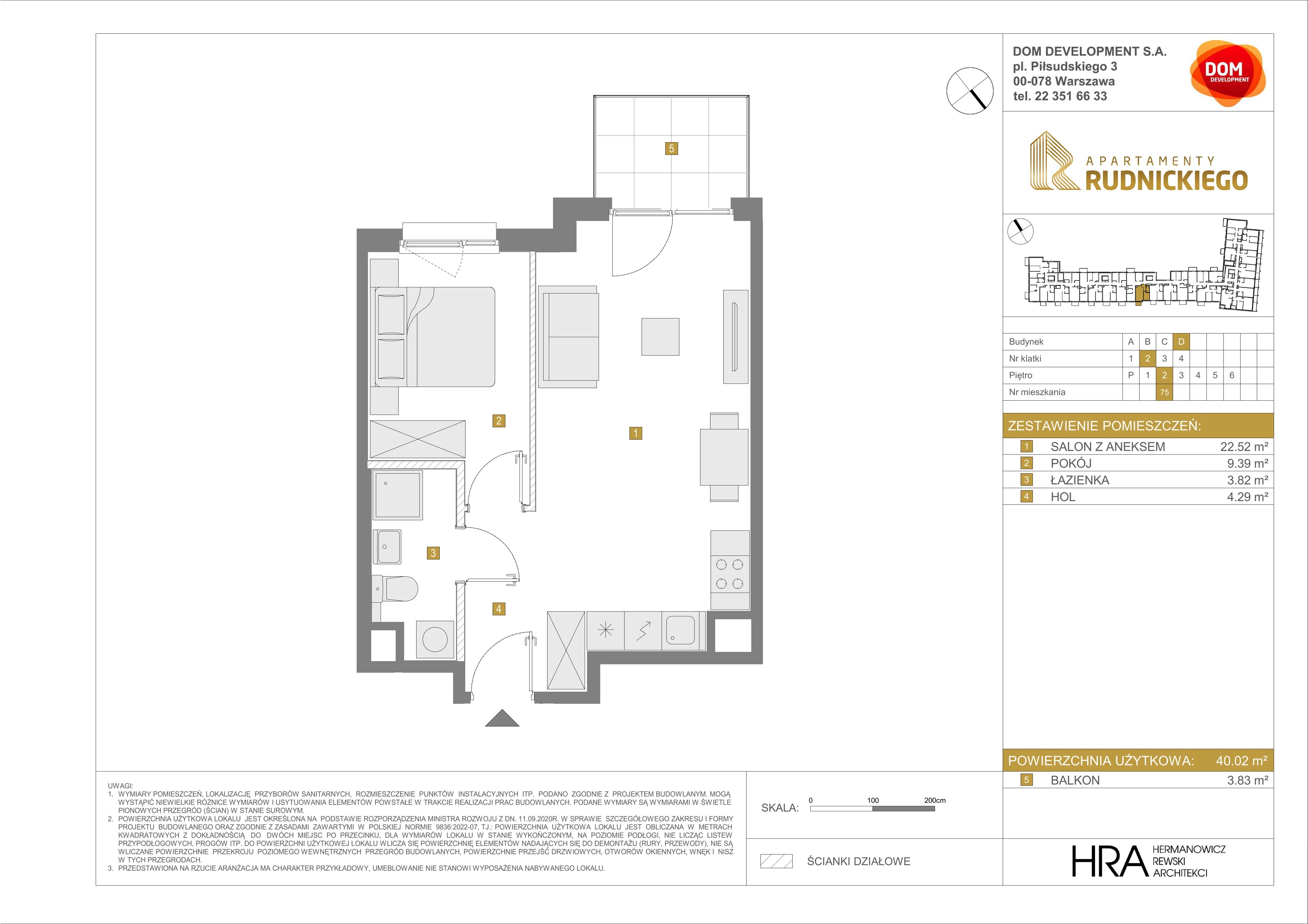 Mieszkanie 40,02 m², piętro 2, oferta nr D/75, Apartamenty Rudnickiego, Warszawa, Bielany, Piaski, ul. Rudnickiego 7