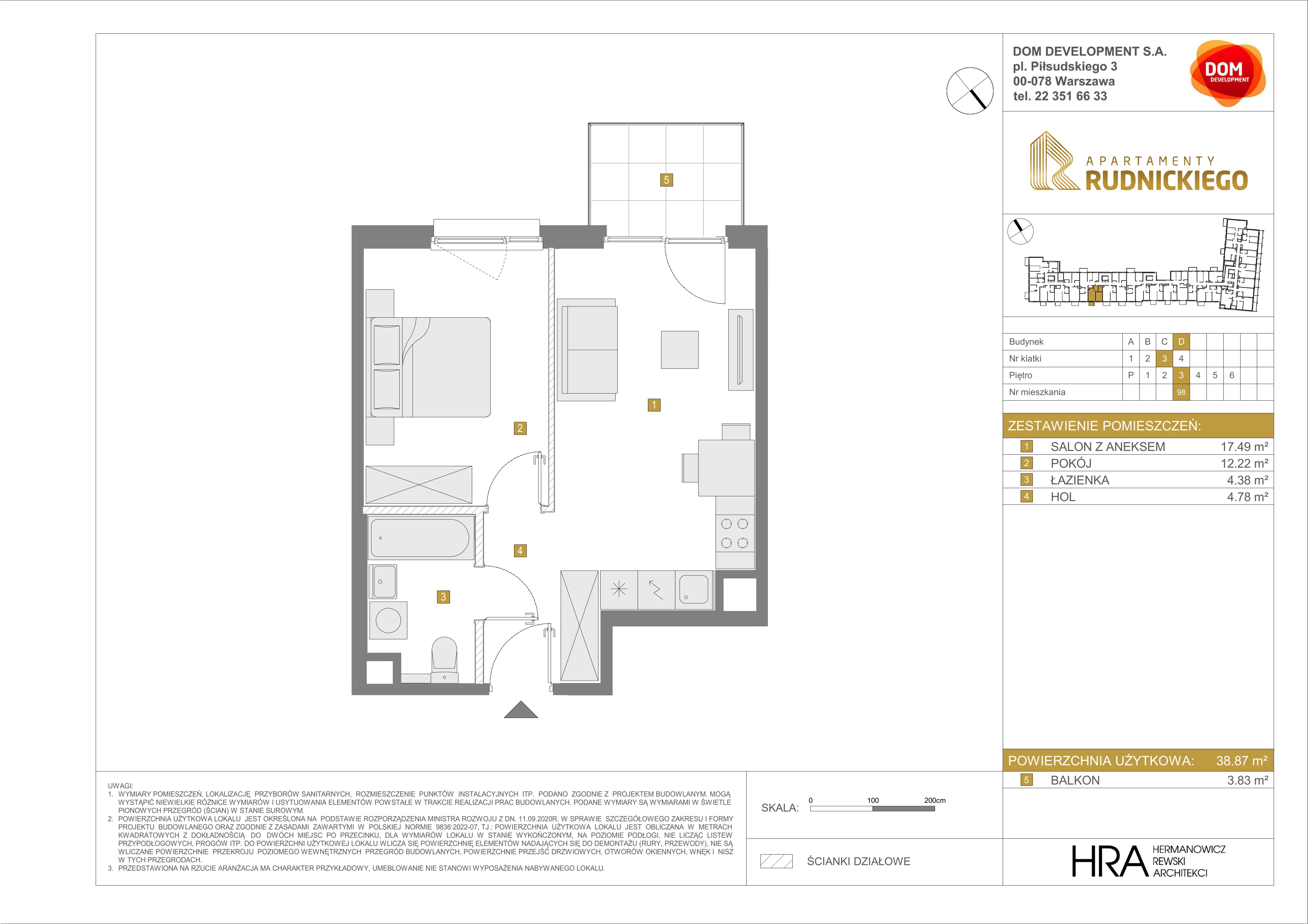 Mieszkanie 38,87 m², piętro 3, oferta nr D/98, Apartamenty Rudnickiego, Warszawa, Bielany, Piaski, ul. Rudnickiego 7